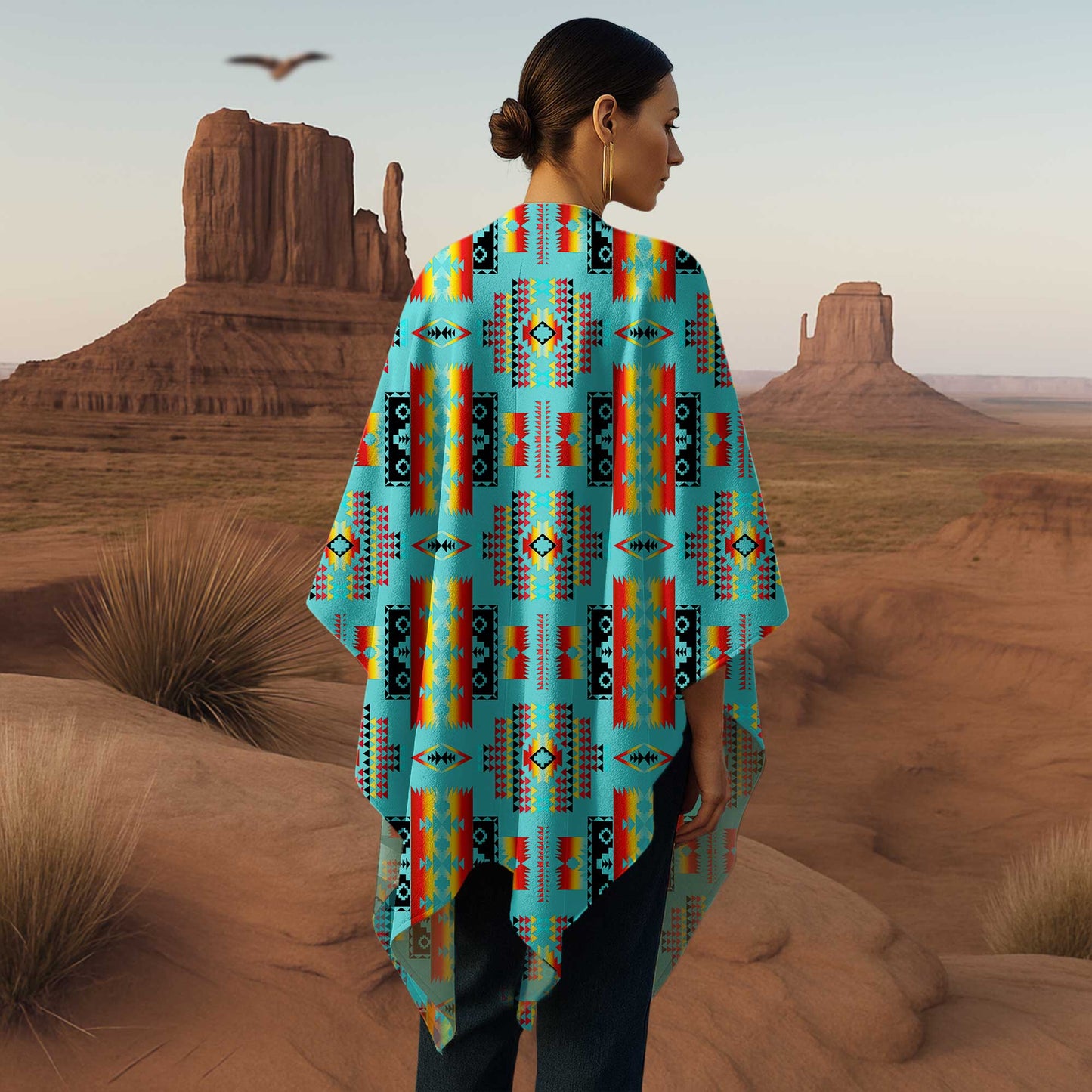 Cozy Tribal Poncho – Bold Geometric Blanket Design in Turquoise & Flame Hues
