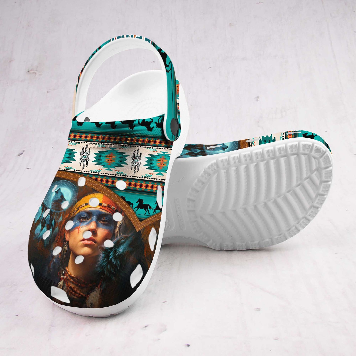 Custom Name Boho Clogs – Beautiful Native Girl, Wolf Symbol & Meaningful Gift for Family