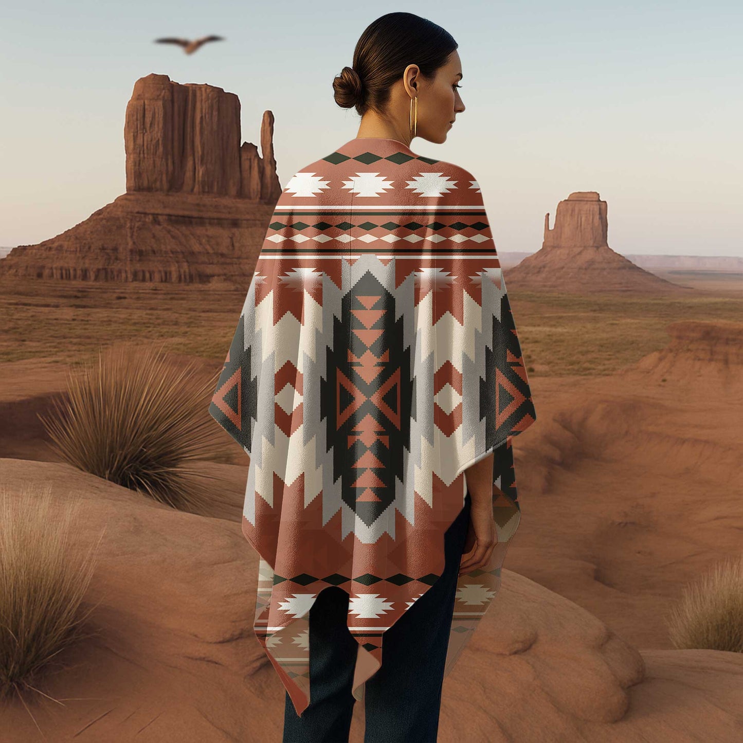 Boho Tribal Poncho with Geometric Native Pattern in Earth Tones