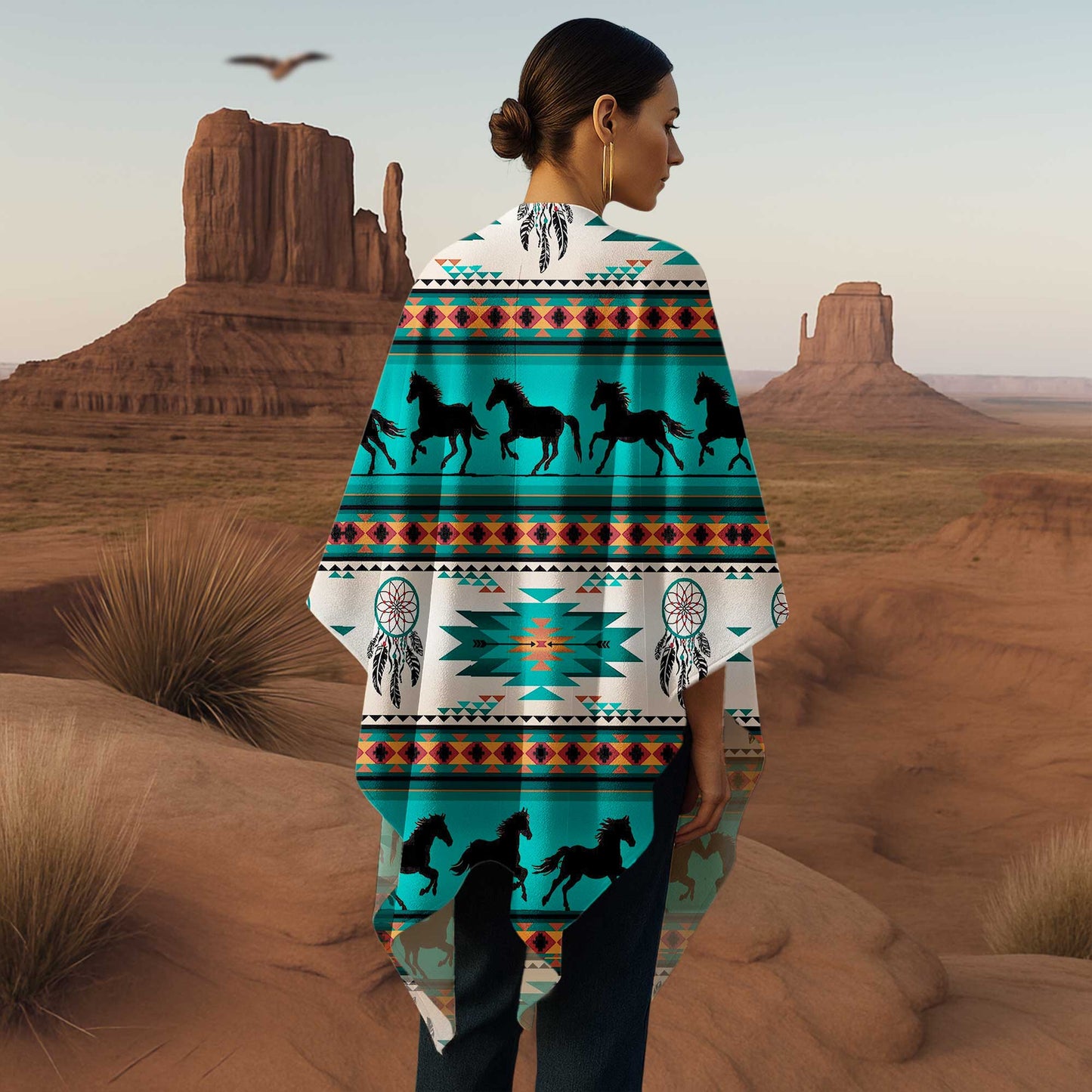 Boho Poncho with Wild Horse Pattern and Native Dreamcatchers