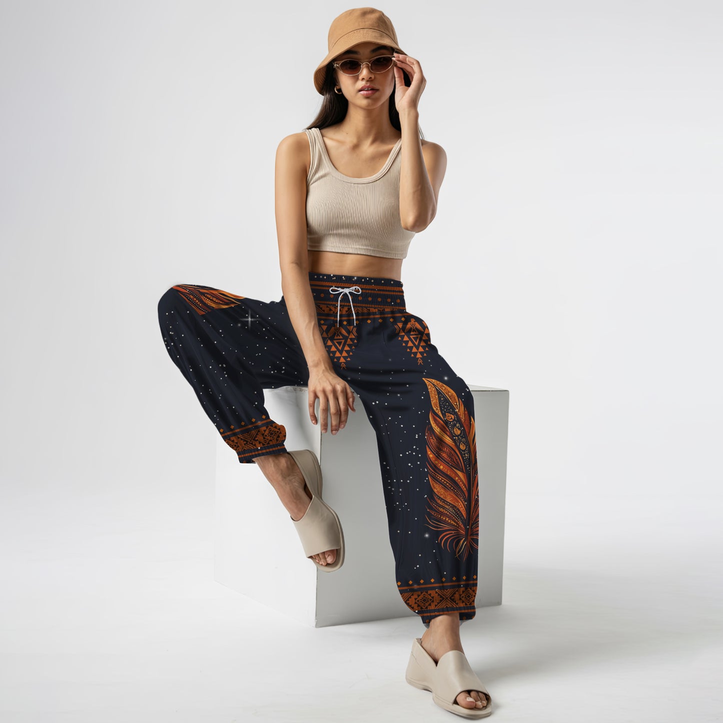 Feather Print Harem Pants - Yoga Boho Clothes with Pockets