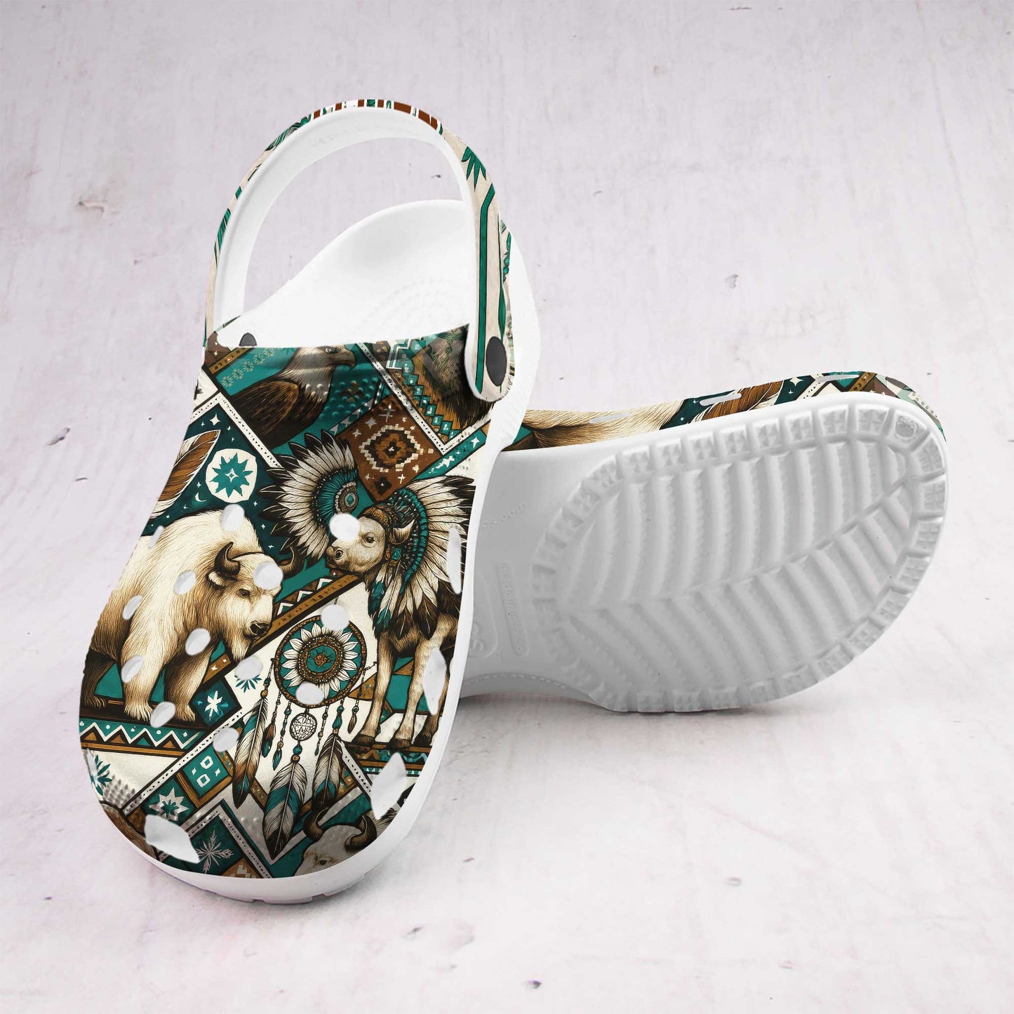 Custom Name Native Buffalo Spirit Clogs – Dreamcatcher & Tribal Feathers Design