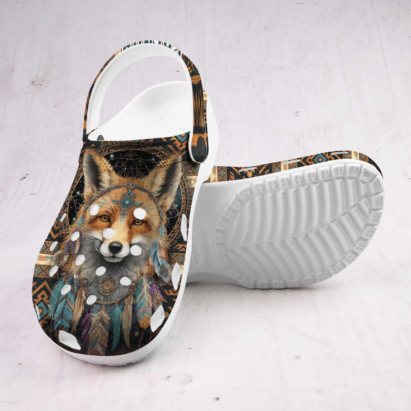 Custom Name Native Fox Spirit Clogs – Tribal Pattern, Feather Design & Family Gift