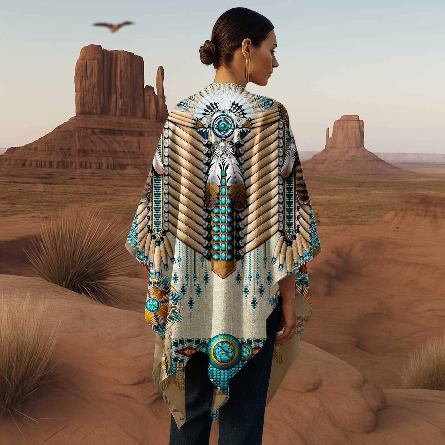 Poncho Native Shield – Ivory & Teal with Beaded Warrior Design