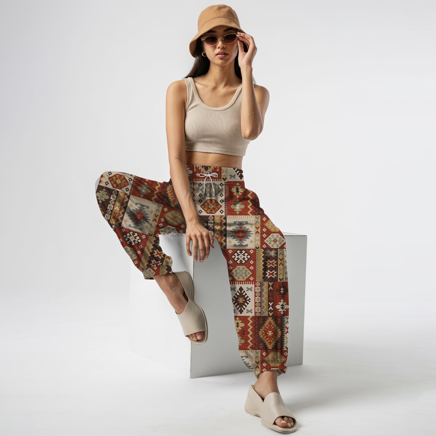 Boho Harem Pants – Beige with Tribal Aztec Print 01