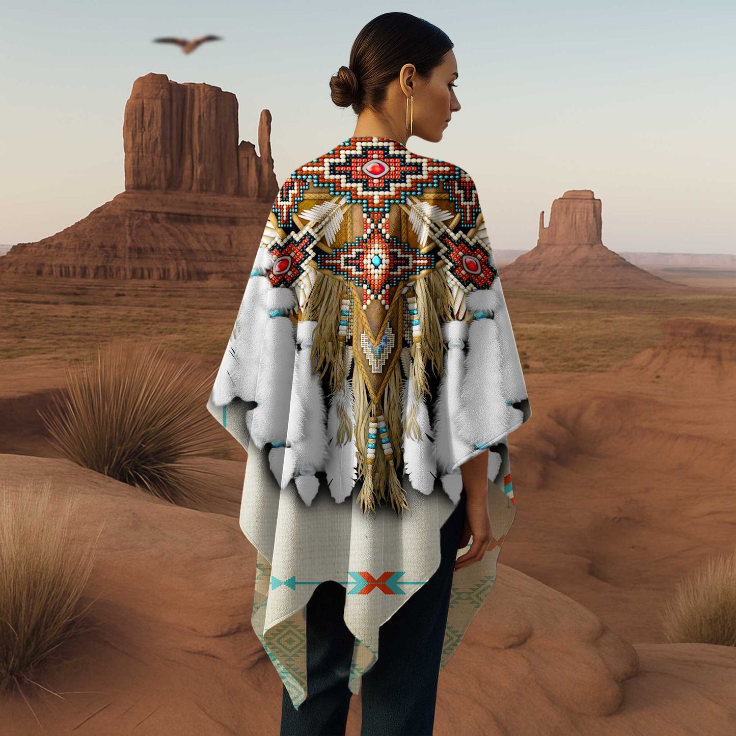 Poncho Tribal Crest Design – Ivory, Red & Teal with Ancestral Symmetry