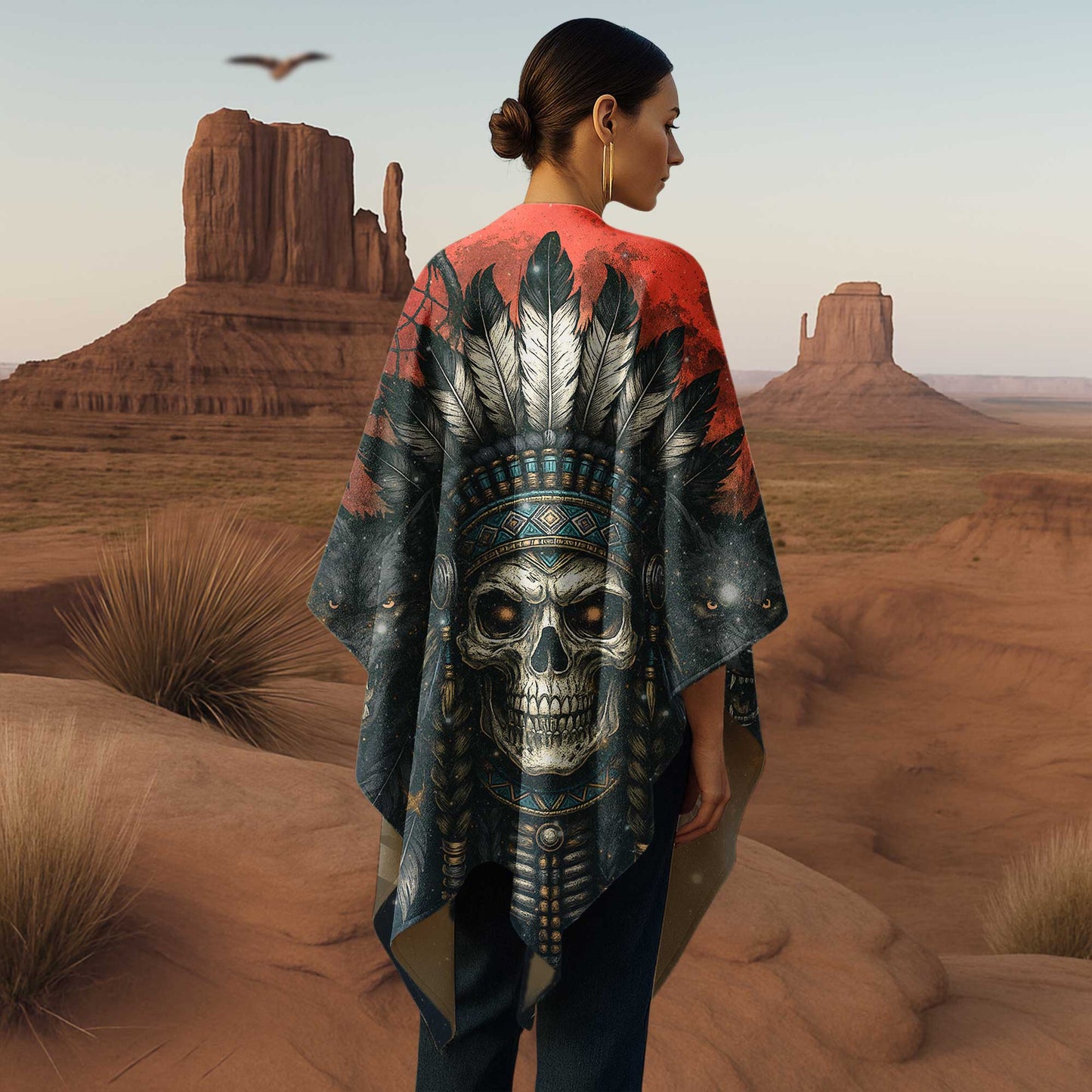 Poncho Boho Warrior – Skeleton Chief and Black Wolves