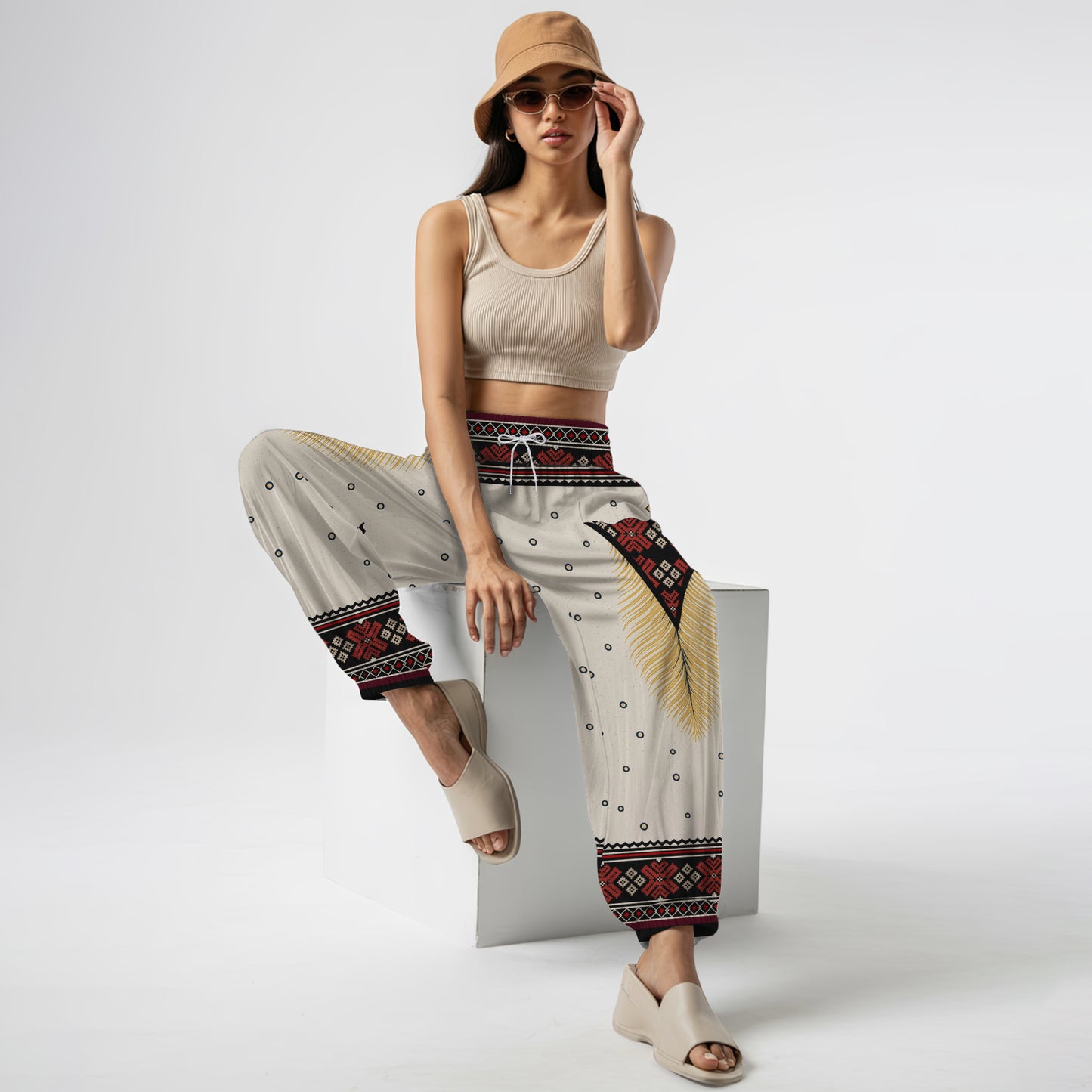Boho Harem Pants – Red Tribal & Feather Print