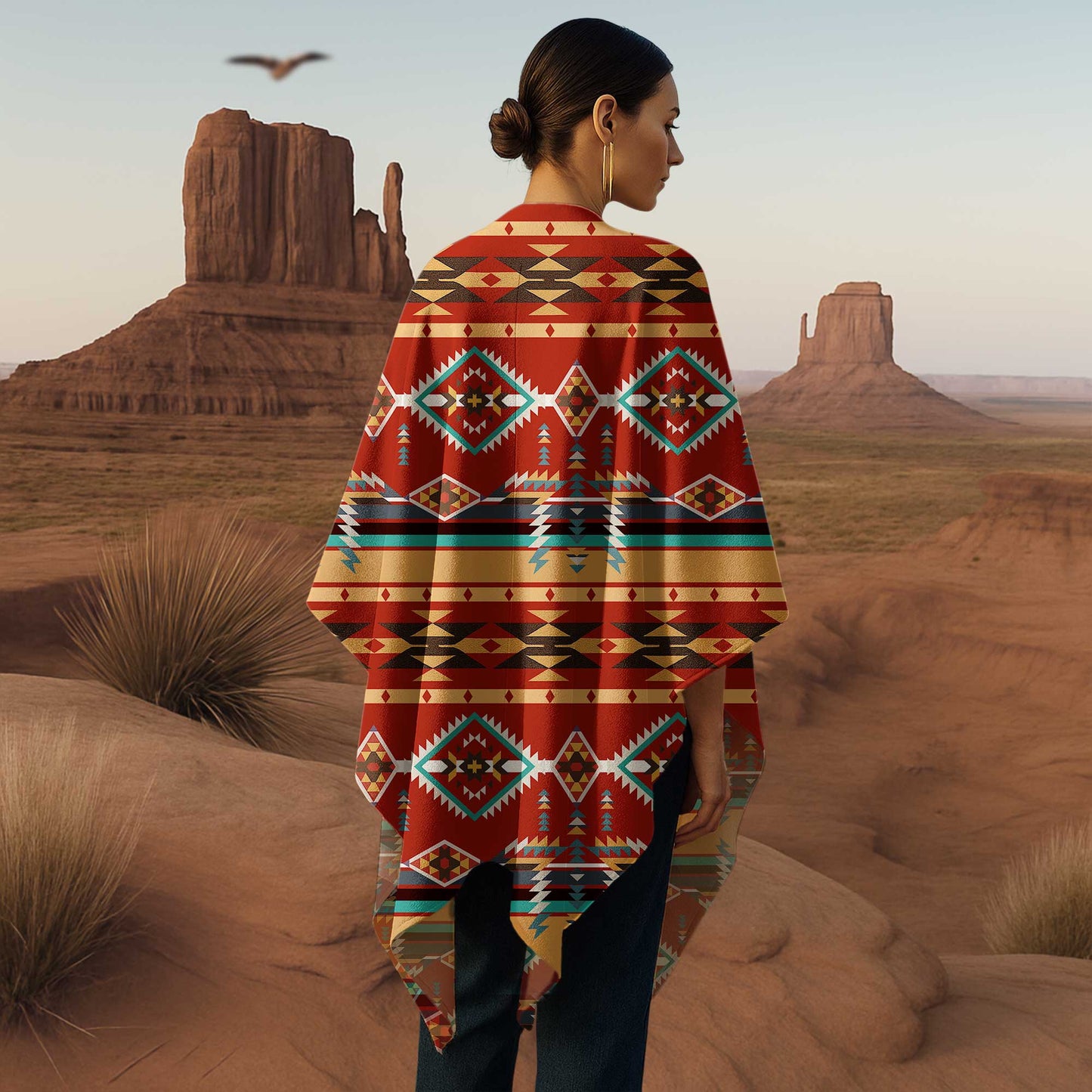 Heritage Spirit Poncho – Red Earth & Turquoise Tribal Geometric Wrap