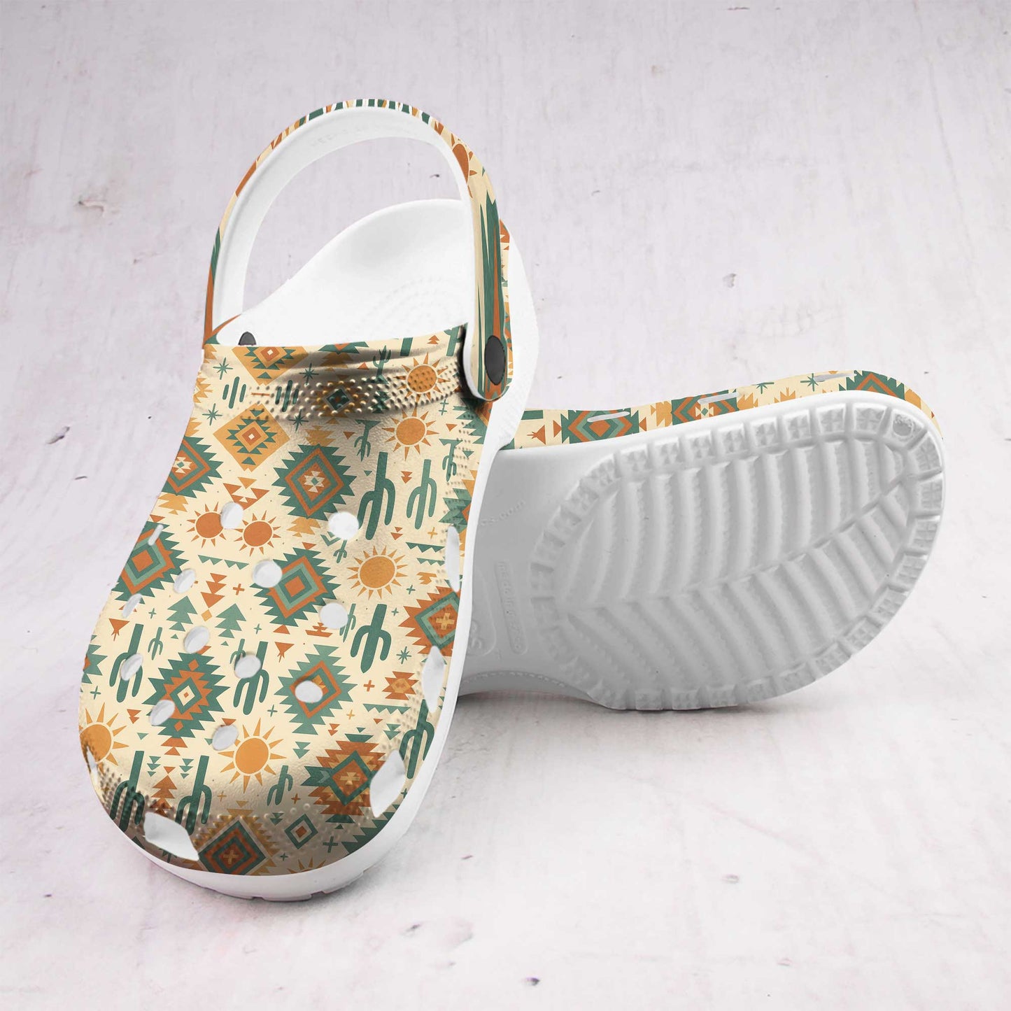 Custom Name Desert Cactus Spirit Clogs – Tribal Geometry & Boho Sun Design