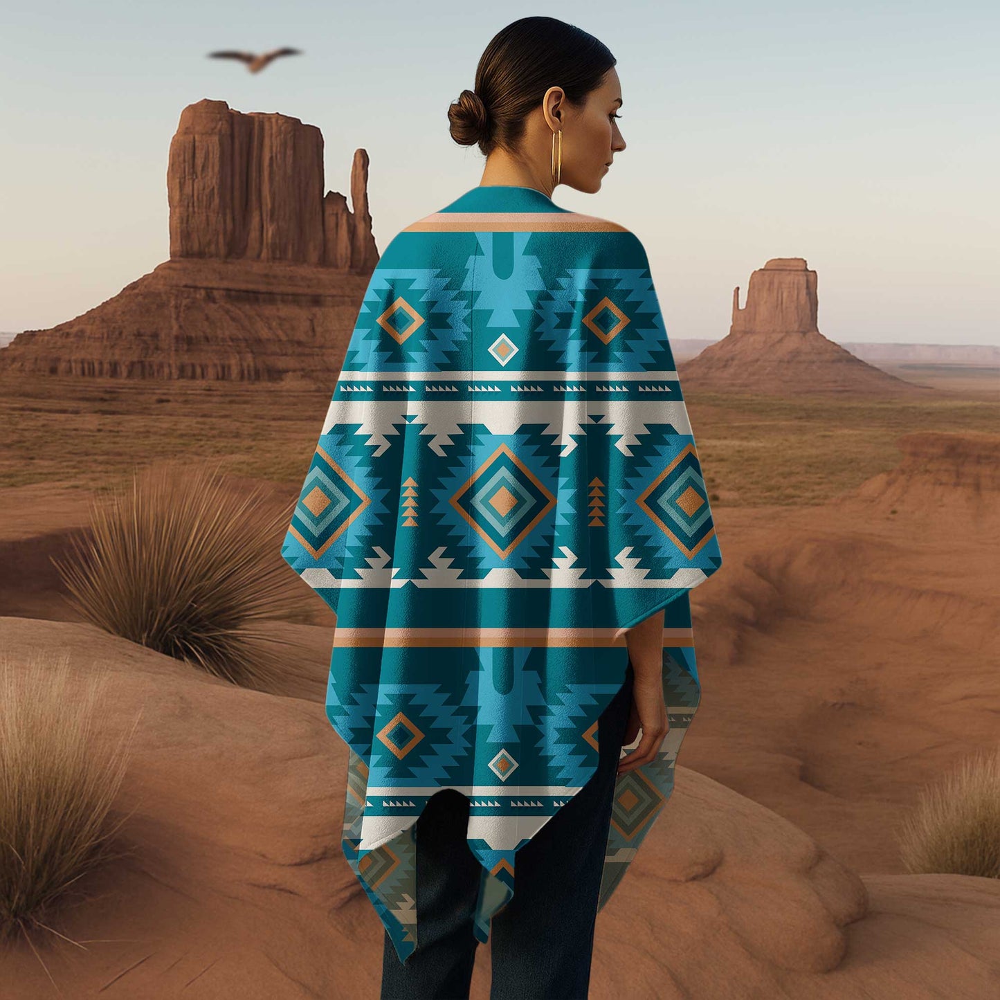 Southwest Spirit Poncho – Bold Teal Geometric Pattern with Tribal Soul
