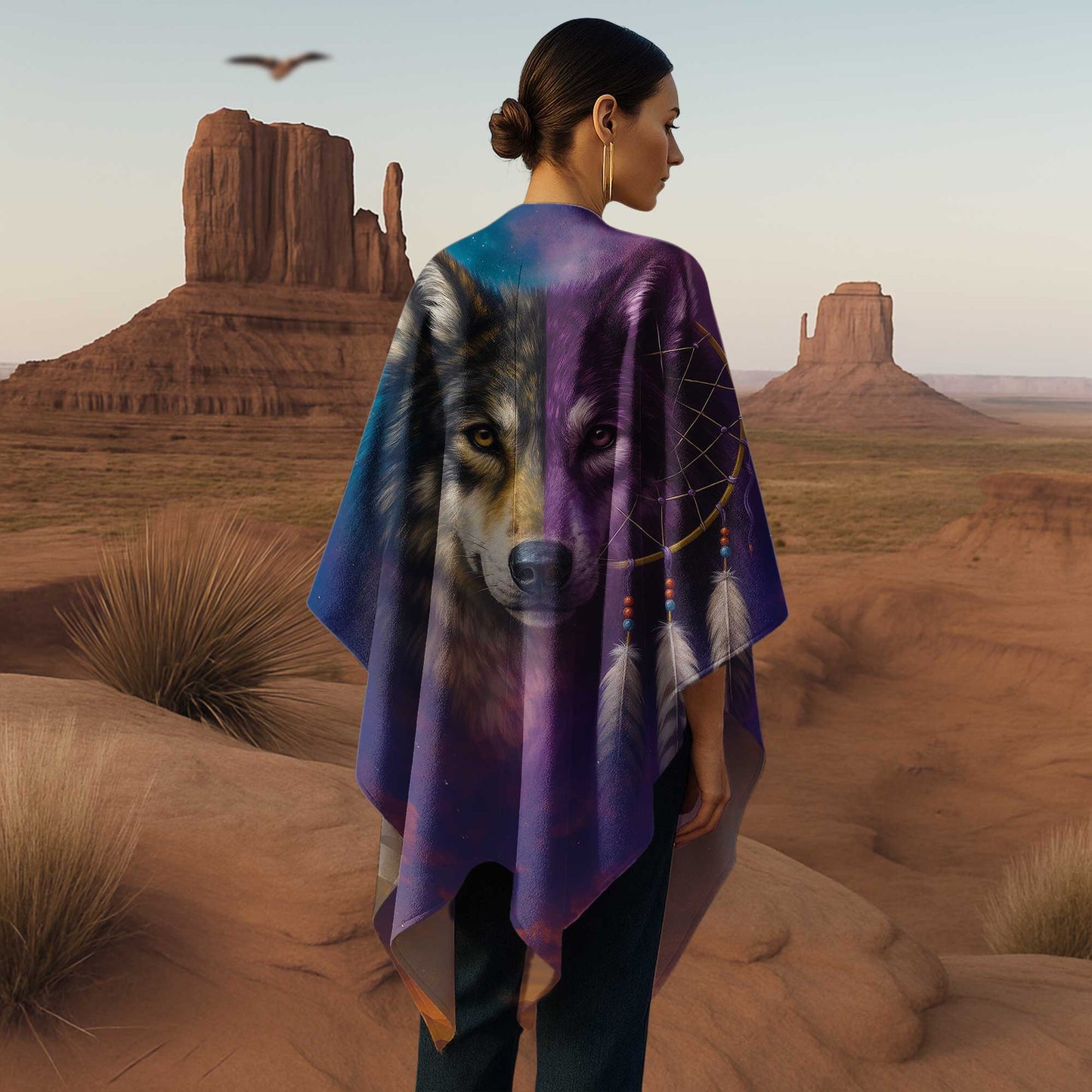 Dreamcatcher Wolf Poncho – Tribal Boho Cloak of Balance