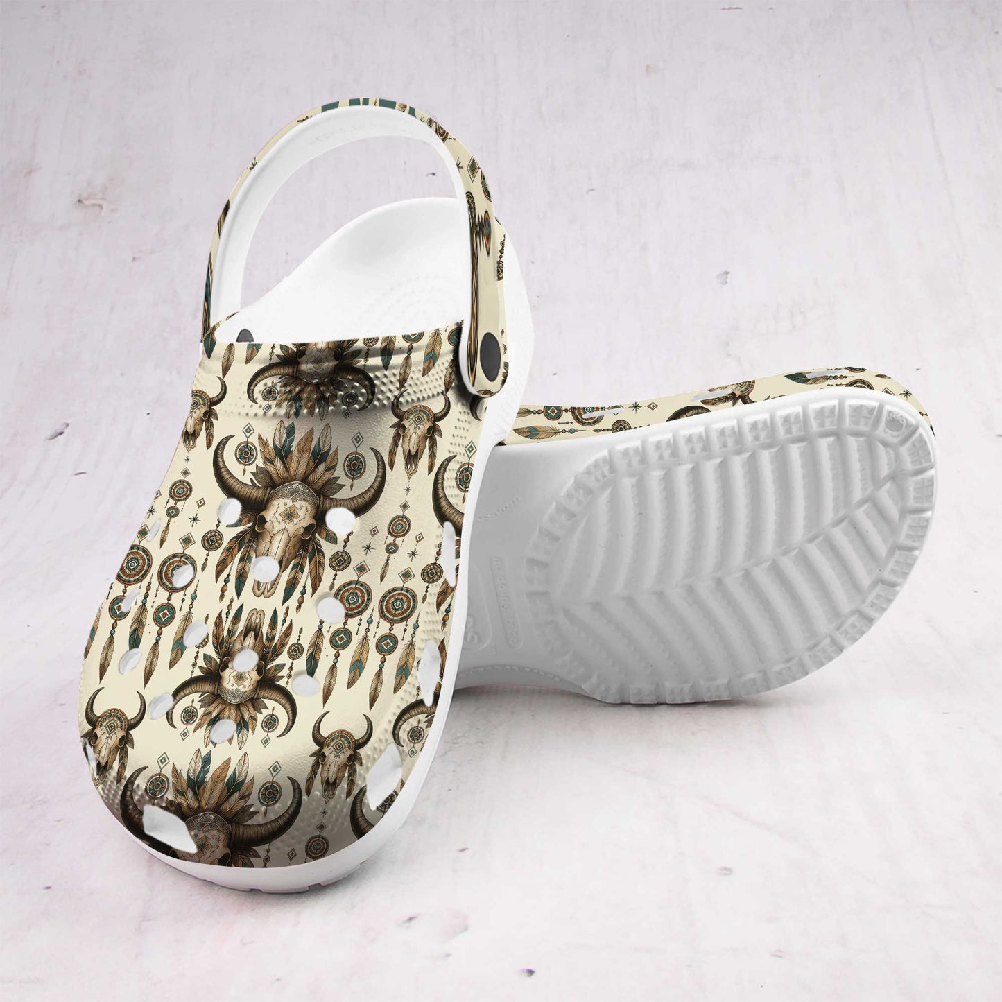 Custom Name Native Spirit Clogs – Dreamcatcher & Buffalo Skull | Gift for Family