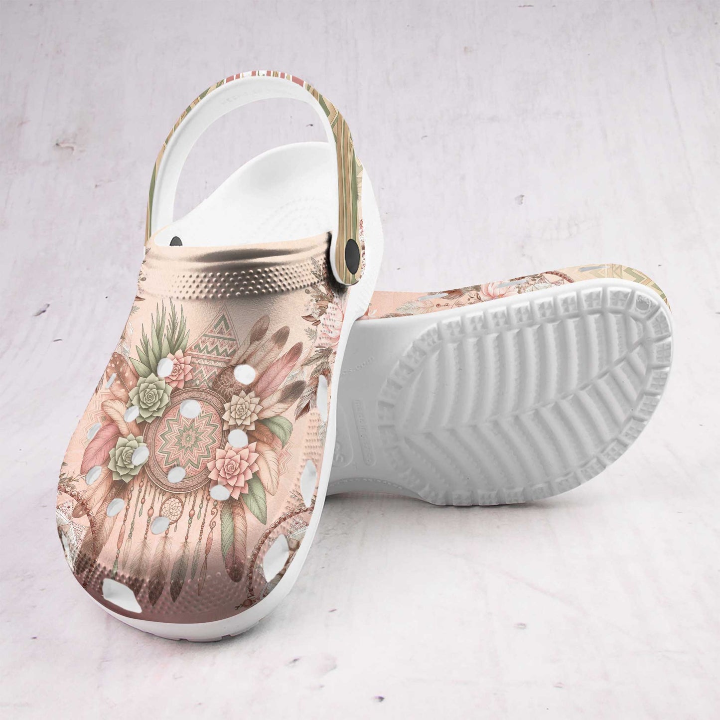 Custom Name Dreamcatcher Floral Clogs – Soft Pastel Native Pattern Shoes Gift