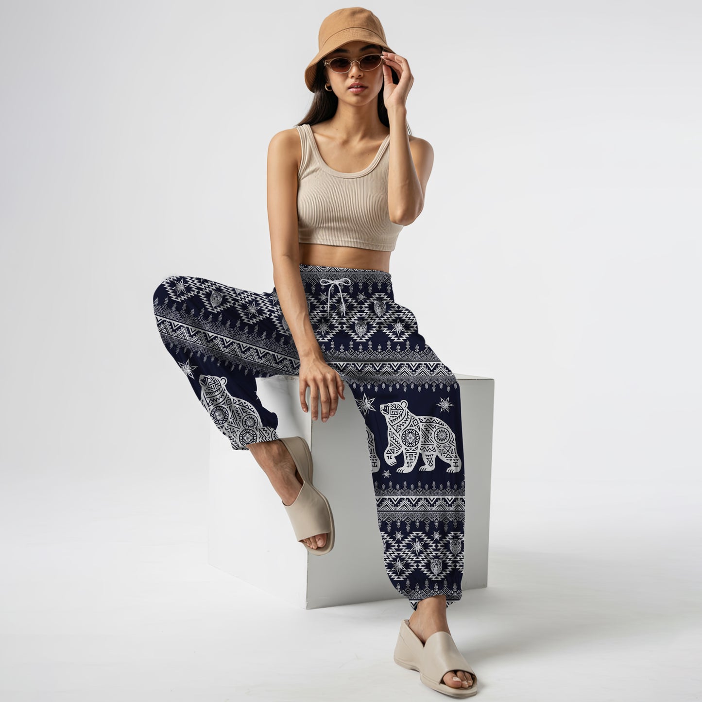 Tribal Bear Print Harem Pants - Yoga Boho Clothes with Pockets