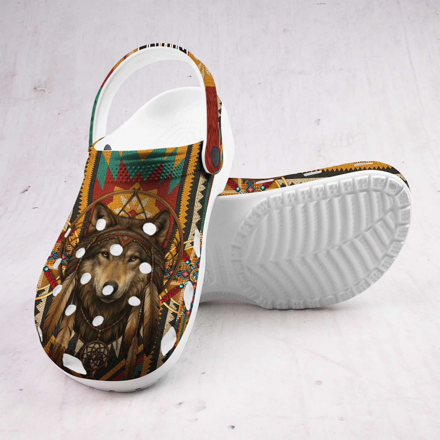 Custom Wolf Dreamcatcher Clogs - Boho Tribal Clogs for Animal Lovers