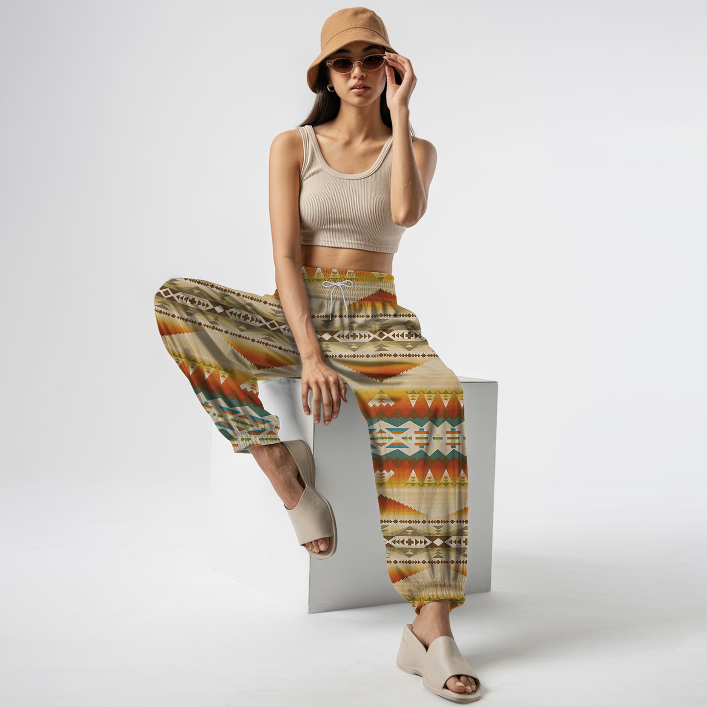 Boho Harem Pants – Beige with Tribal Aztec Print