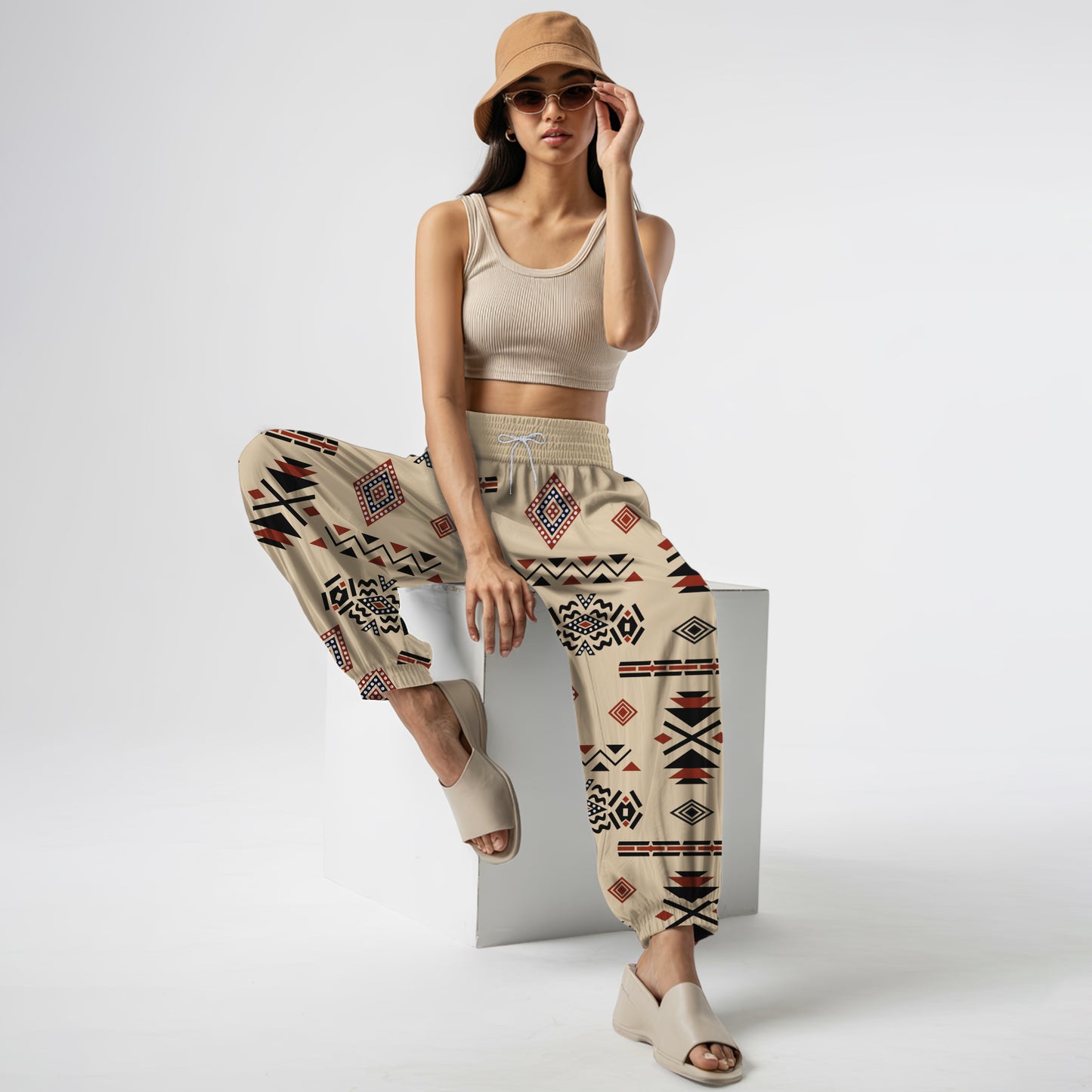 Boho Harem Pants – Beige with Tribal Aztec Print