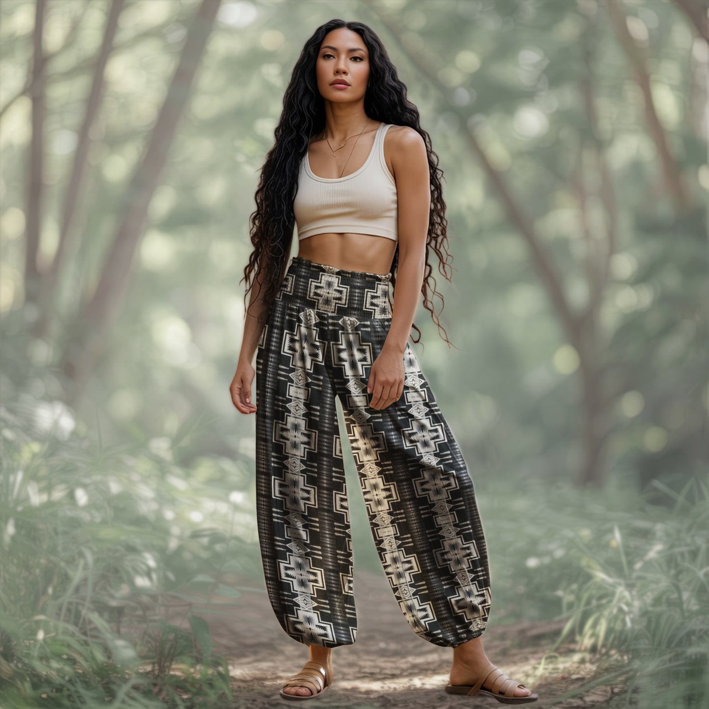 Print Harem Pants – Black & White Yoga Boho Clothes with Pockets