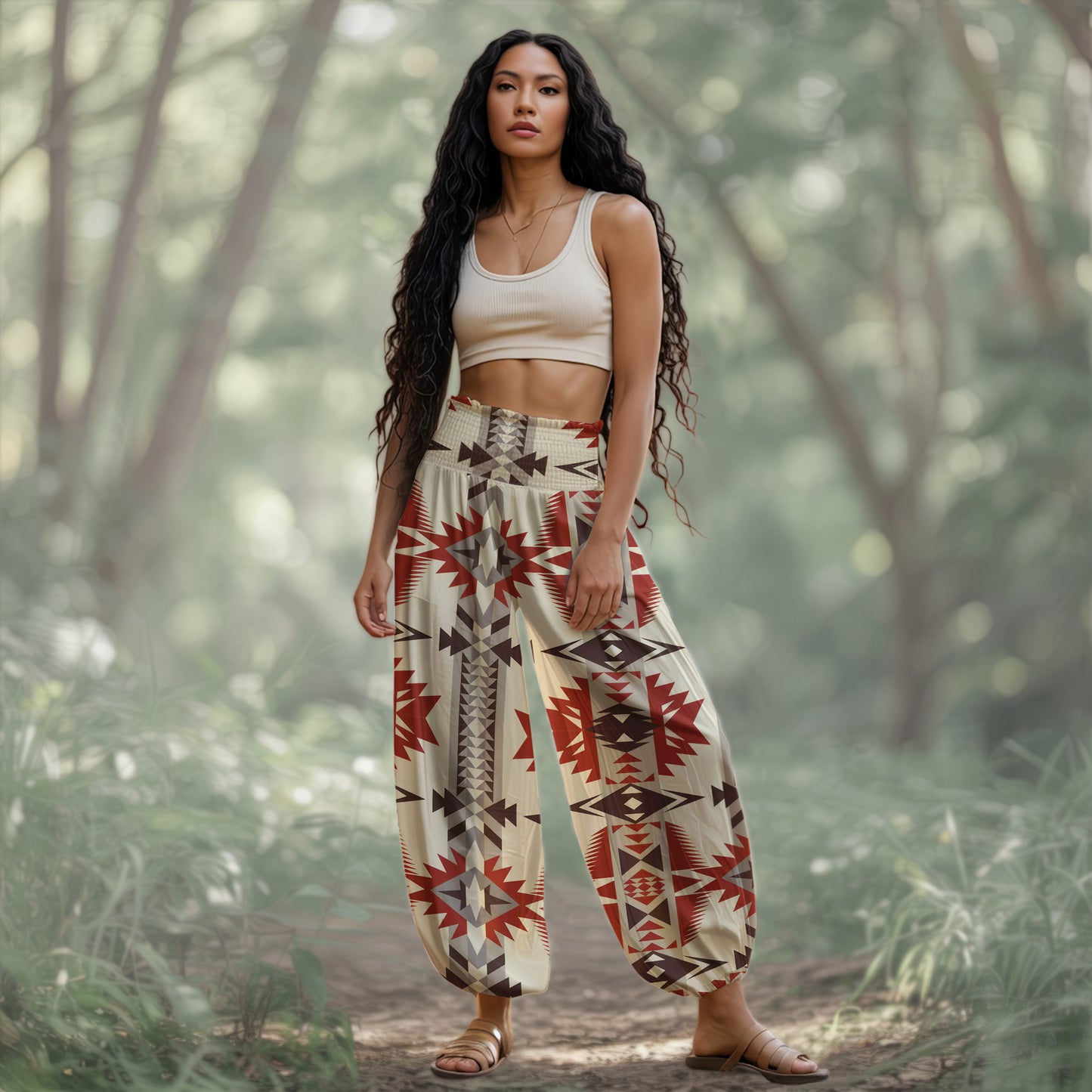 Boho Harem Pants – Red Geometric Tribal Pattern