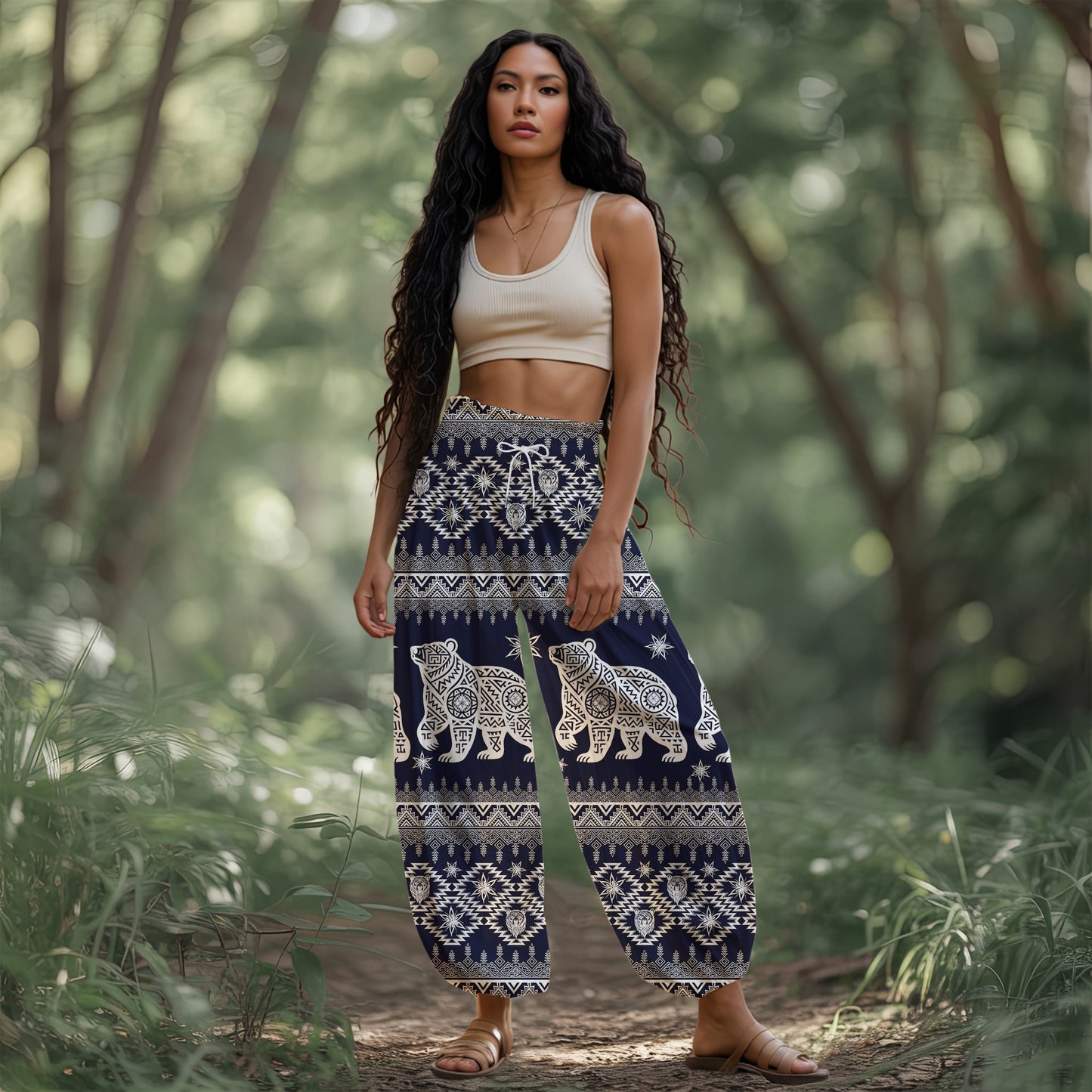 Tribal Bear Print Harem Pants - Yoga Boho Clothes with Pockets