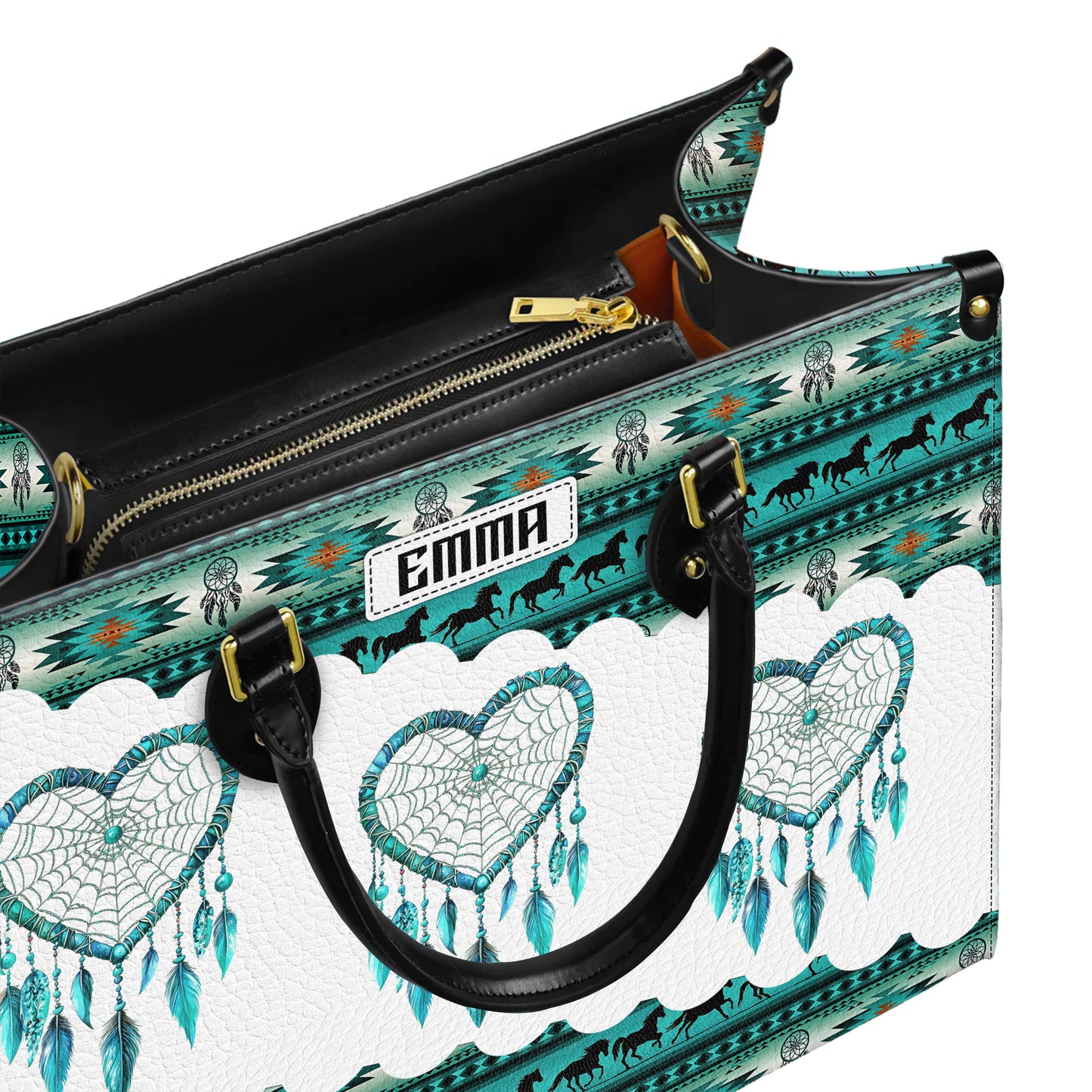 Personalized Leather Handbag for Women - Design Patterns Boho Teal & White Dreamcatcher