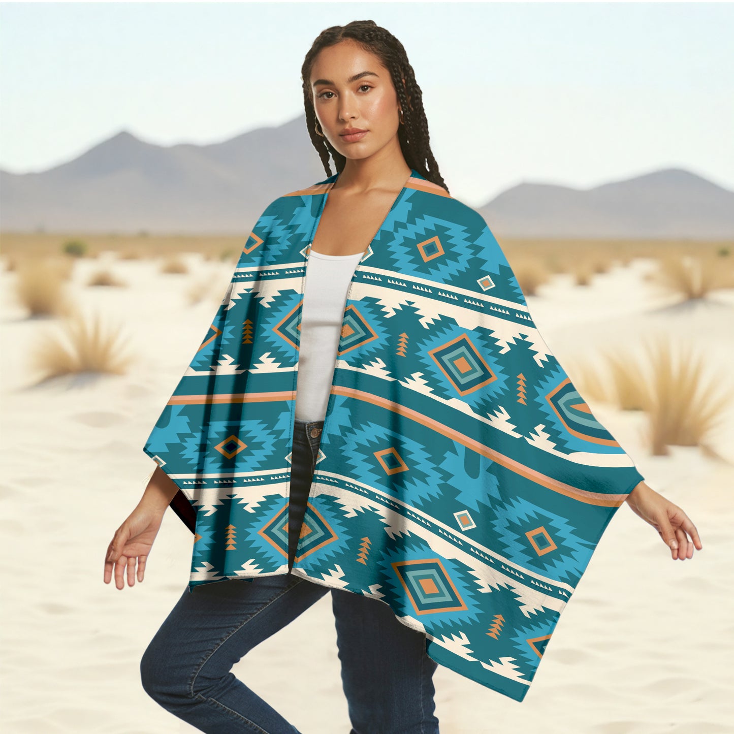 Southwest Spirit Poncho – Bold Teal Geometric Pattern with Tribal Soul