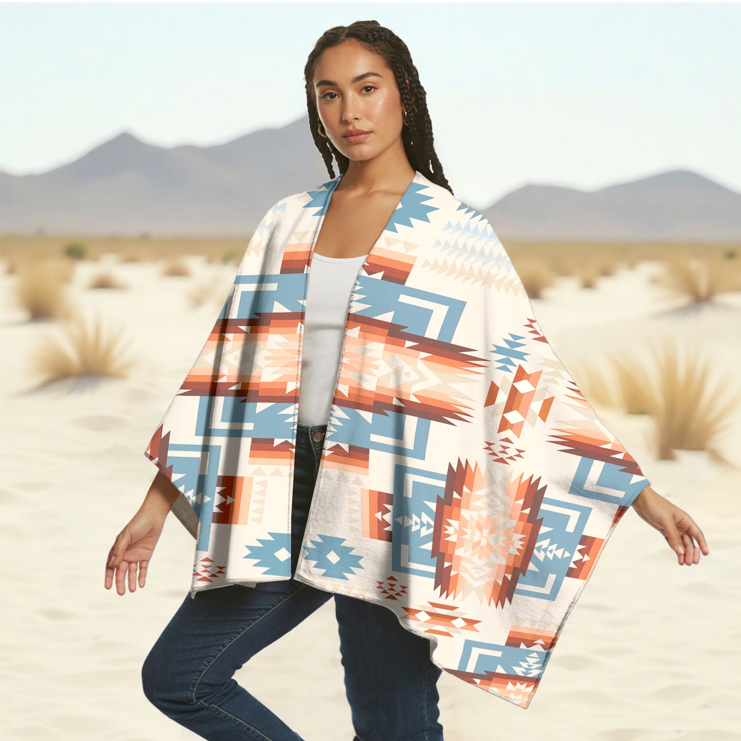 Boho Heritage Poncho – Native-Inspired Patterns in Sand, Sky & Clay