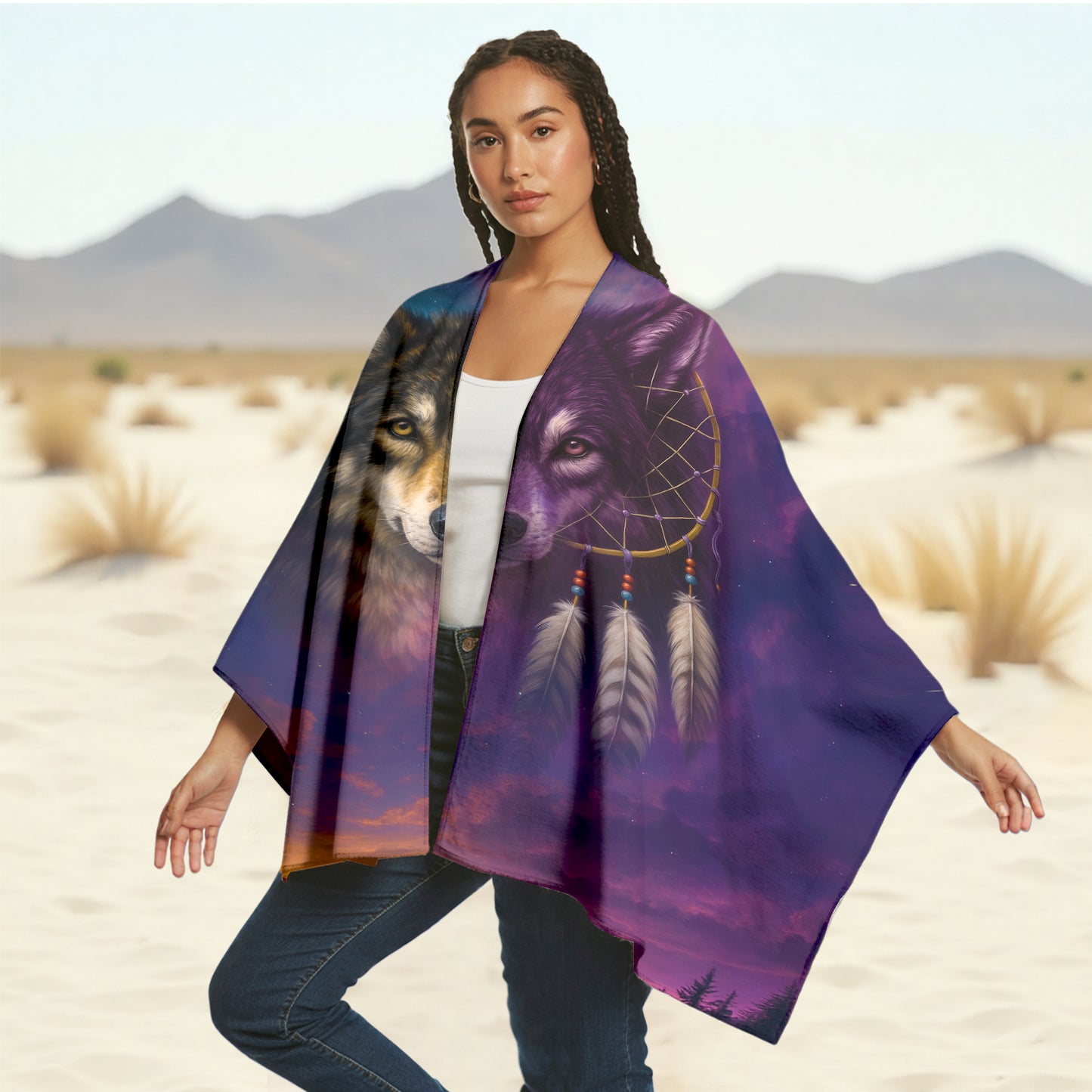 Dreamcatcher Wolf Poncho – Tribal Boho Cloak of Balance