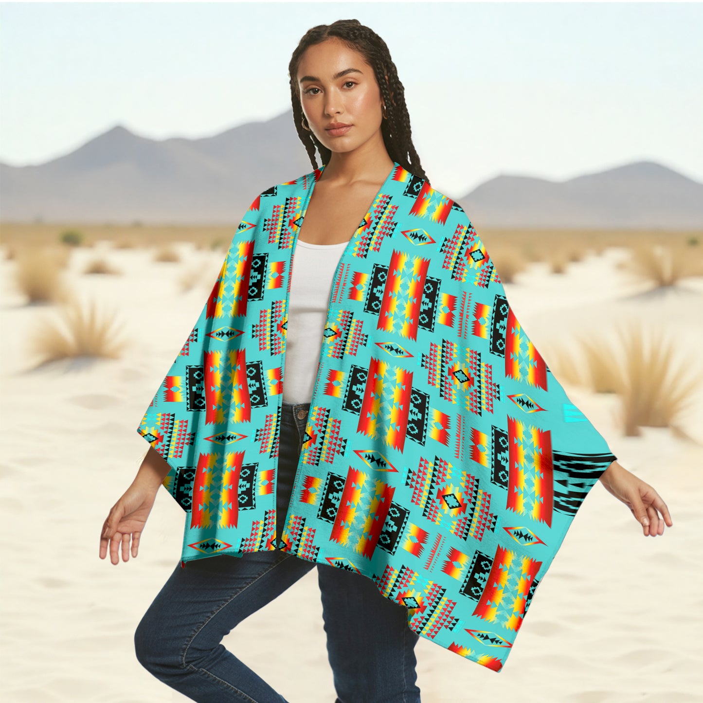 Cozy Tribal Poncho – Bold Geometric Blanket Design in Turquoise & Flame Hues