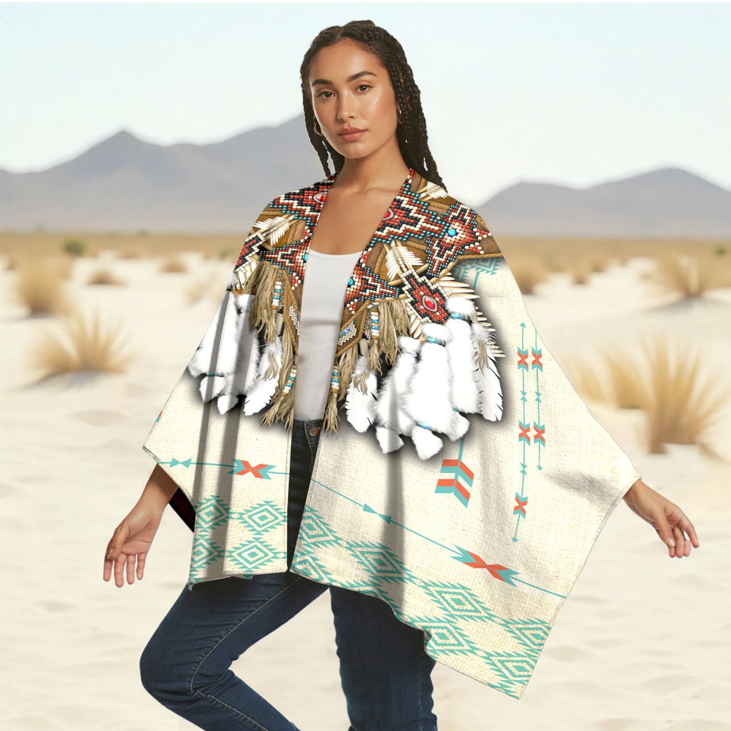 Poncho Tribal Crest Design – Ivory, Red & Teal with Ancestral Symmetry