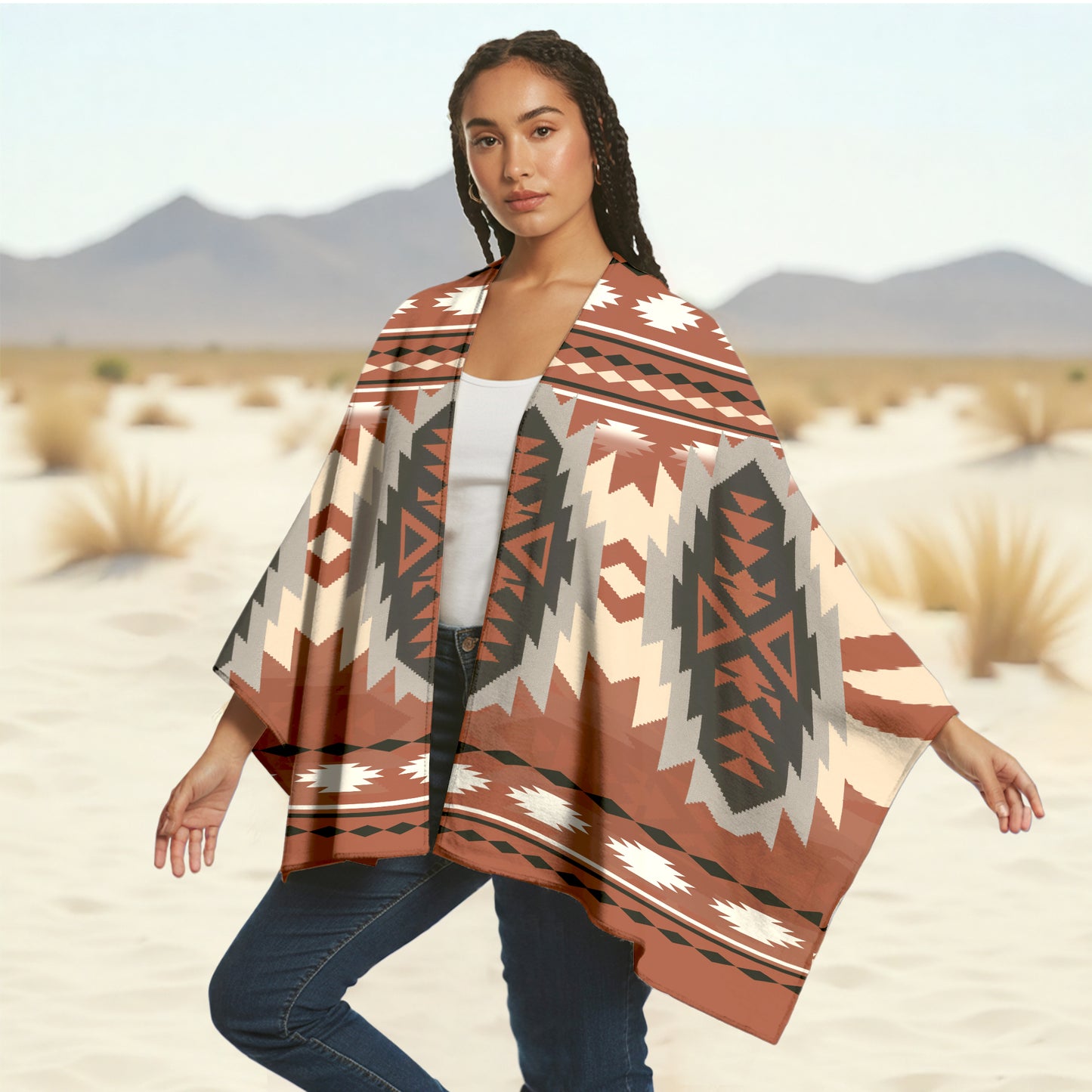 Boho Tribal Poncho with Geometric Native Pattern in Earth Tones