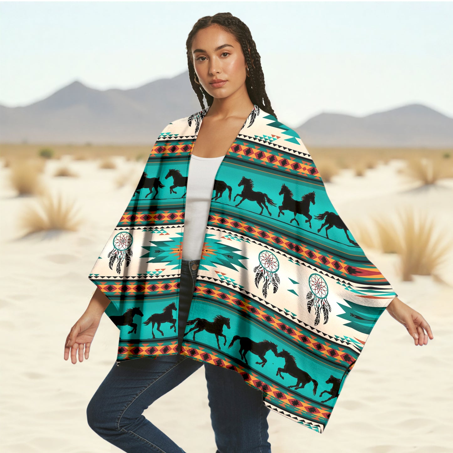 Boho Poncho with Wild Horse Pattern and Native Dreamcatchers