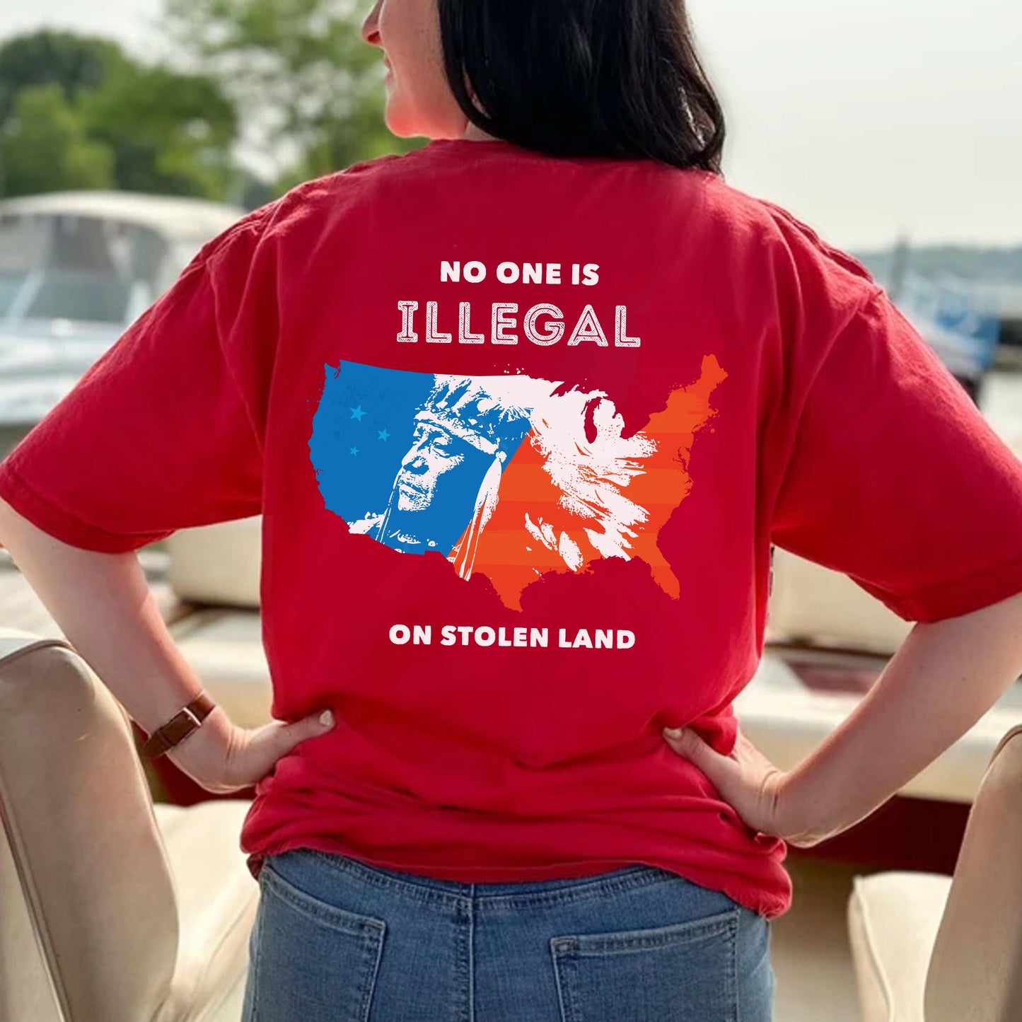 NO ONE IS ILLEGAL ON STOLEN LAND. WE WALK ON NATIVE LAND 22 - Two sides - Unisex T-Shirt/T-Shirt V-Neck/Hoodie/Sweatshirt