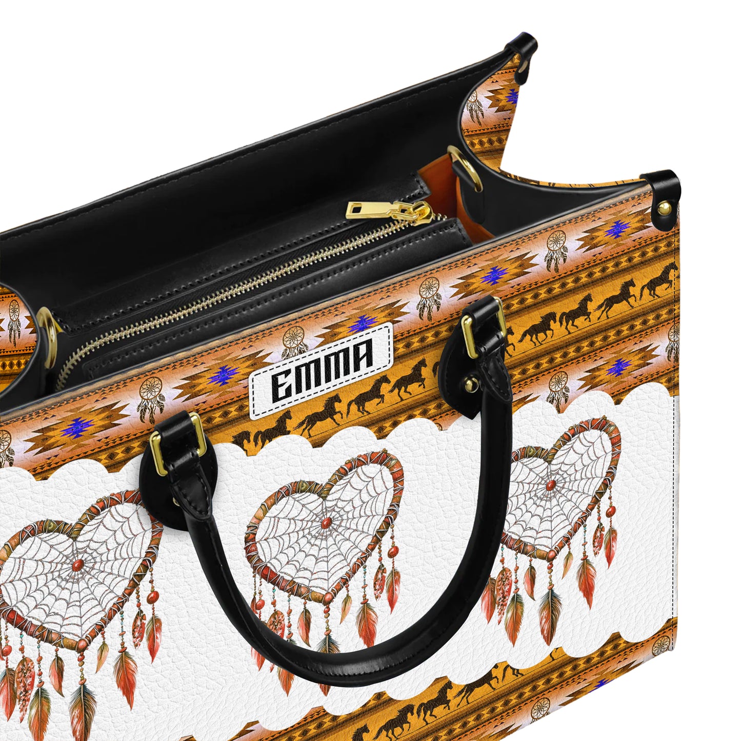 Personalized Leather Handbag for Women - Design Patterns Boho Yellow & White Dreamcatcher