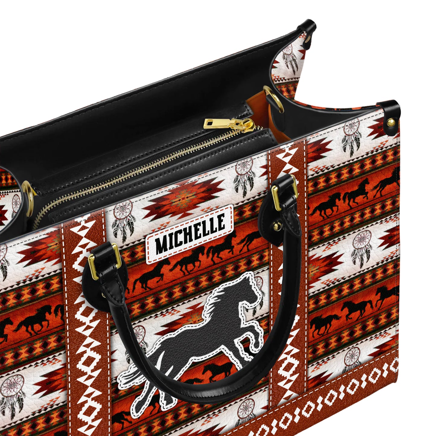 Personalized Leather Handbag for Women - Design Patterns Boho Rustic Orange & White Spirit Horse