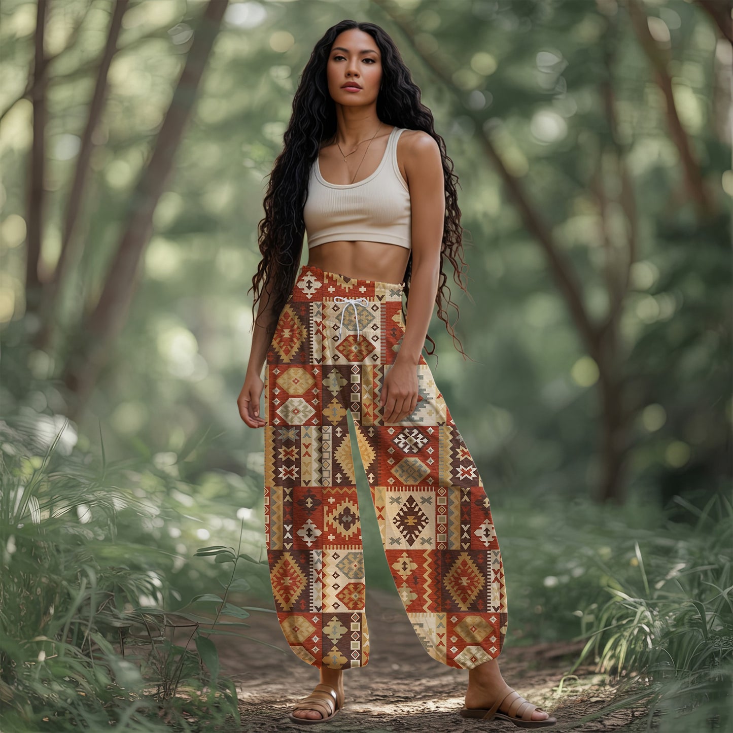 Boho Harem Pants – Beige with Tribal Aztec Print 01
