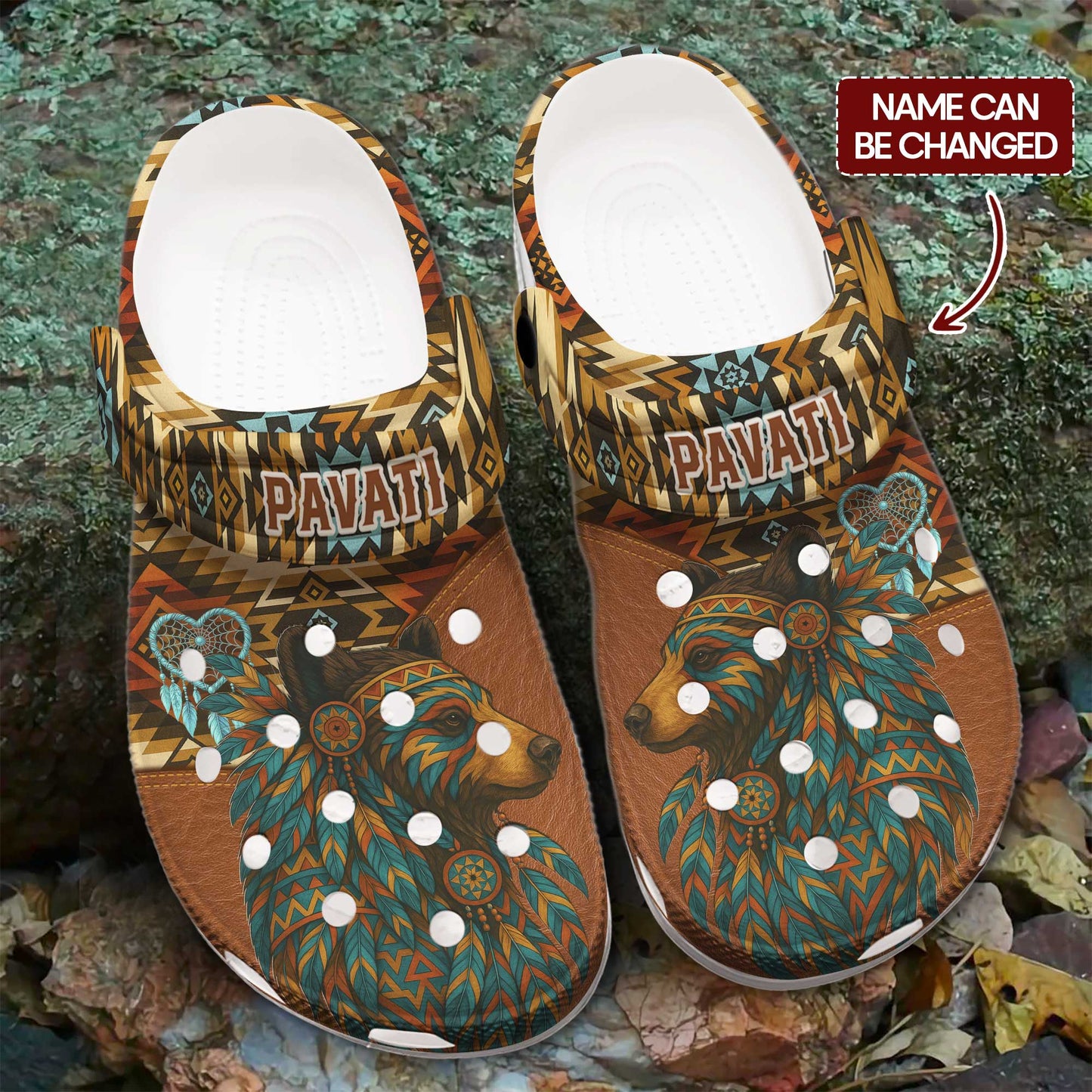 Custom Name Native American Bear Clogs – Tribal Style Clog Shoes for Nature Lovers