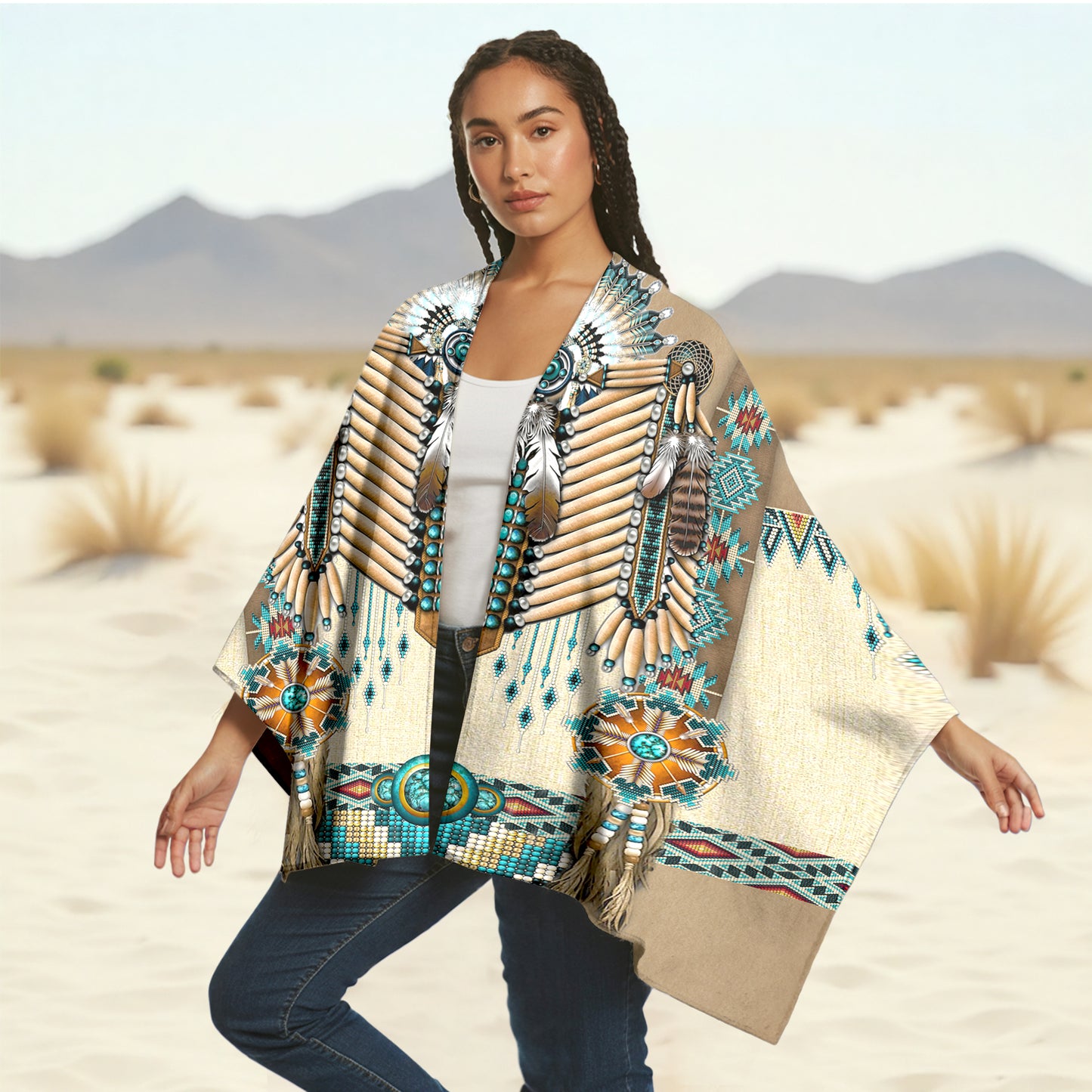 Poncho Native Shield – Ivory & Teal with Beaded Warrior Design