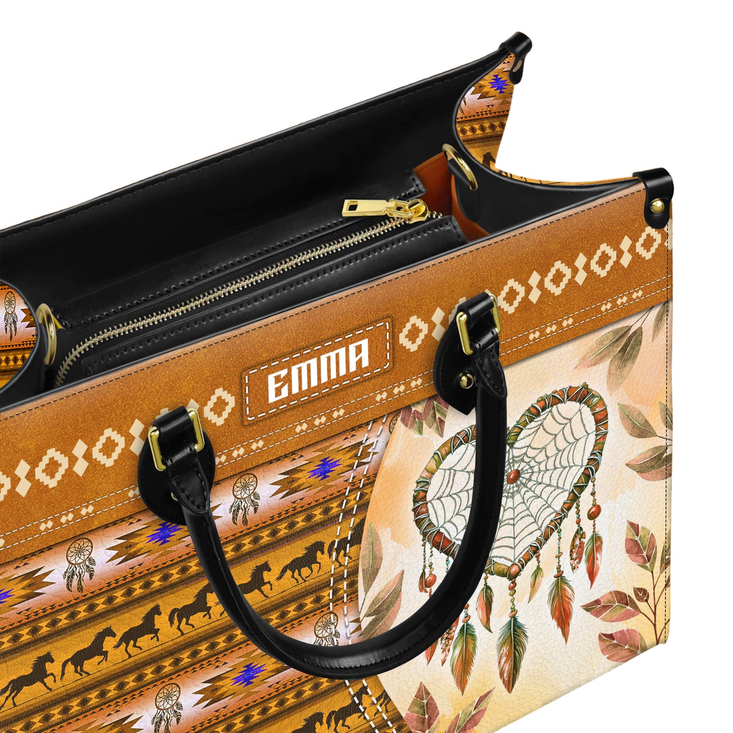 Personalized Leather Handbag for Women - Design Patterns Boho Yellow Dreamcatcher