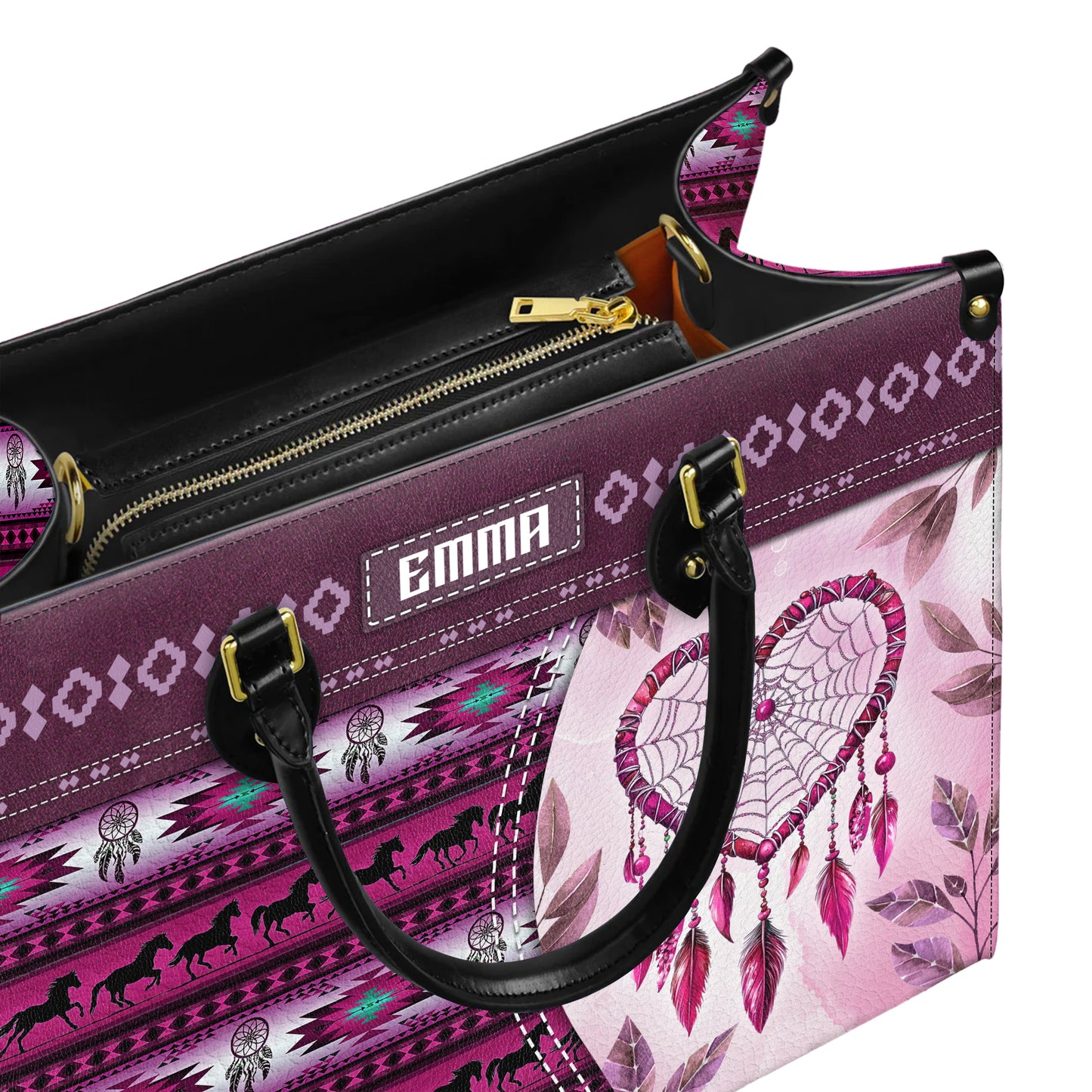 Personalized Leather Handbag for Women - Design Patterns Boho Pink Dreamcatcher