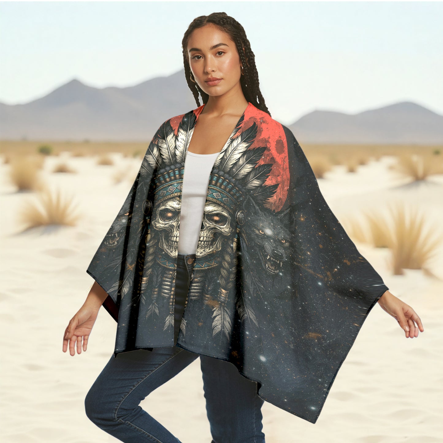 Poncho Boho Warrior – Skeleton Chief and Black Wolves