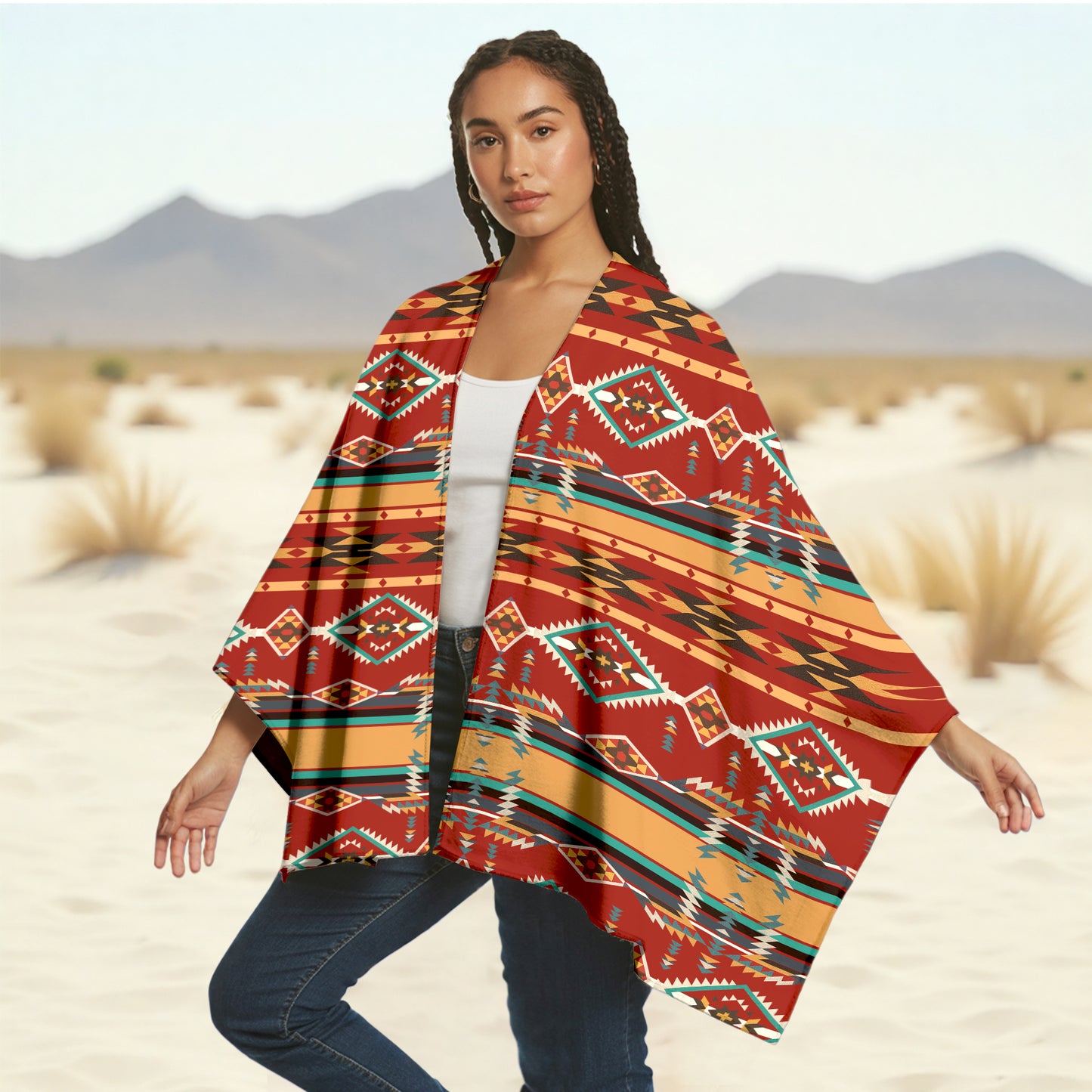 Heritage Spirit Poncho – Red Earth & Turquoise Tribal Geometric Wrap