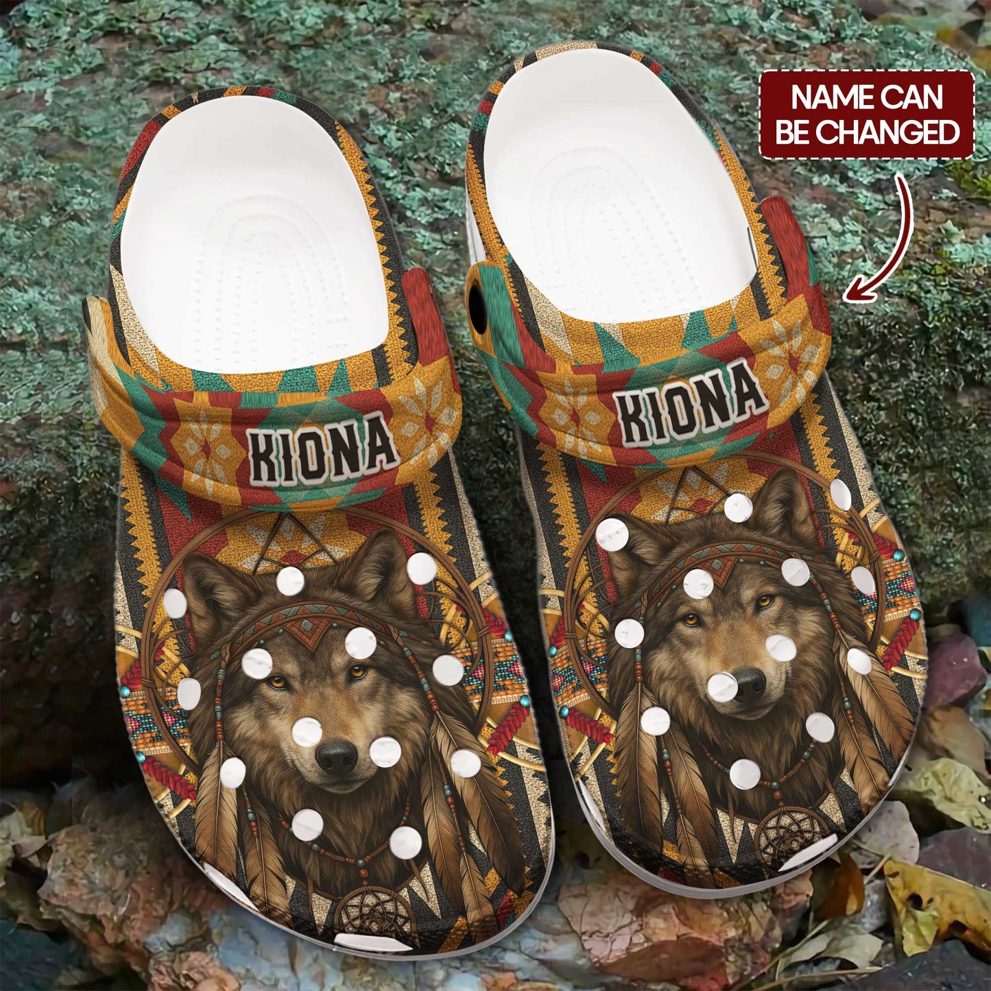 Custom Wolf Dreamcatcher Clogs - Boho Tribal Clogs for Animal Lovers