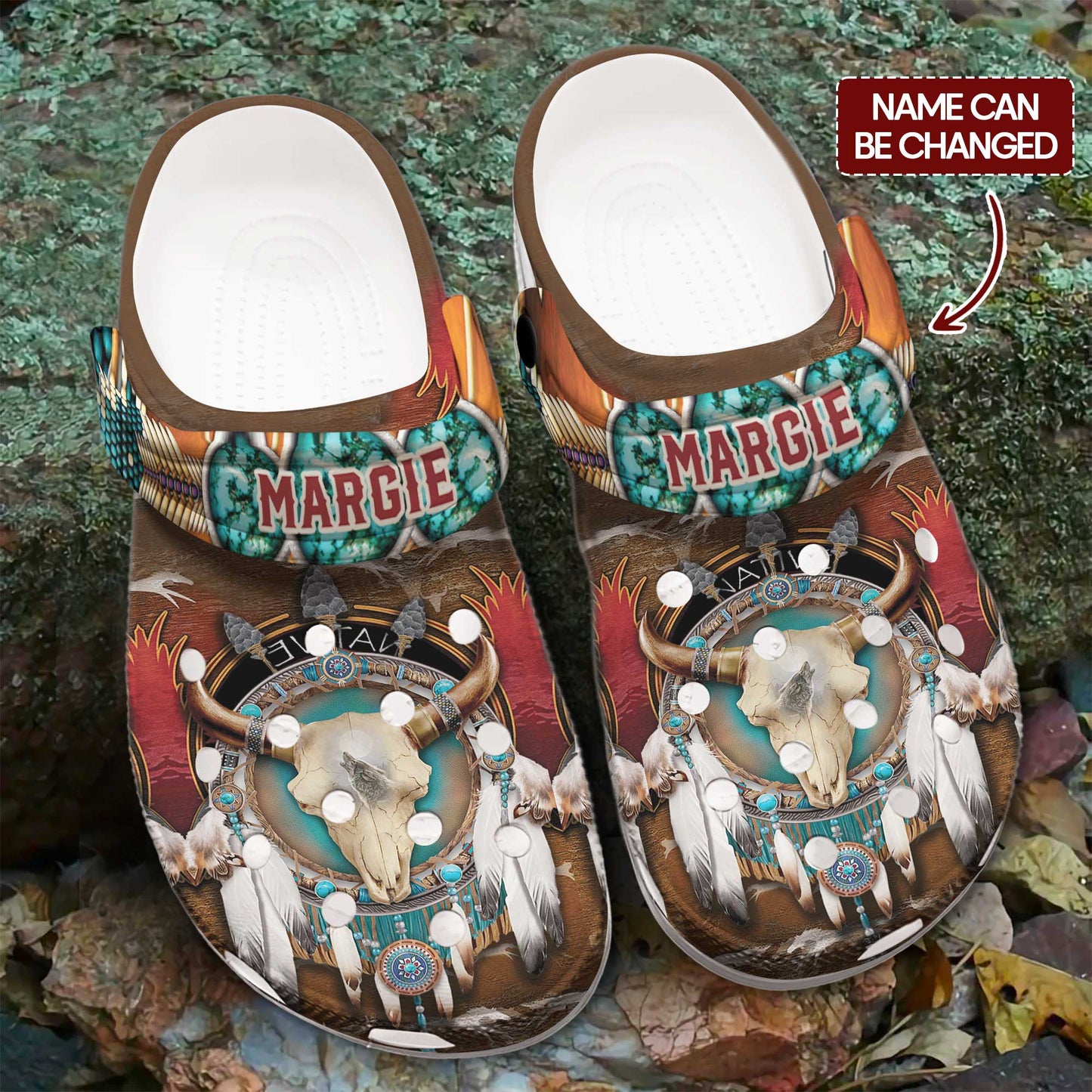 Custom Name Buffalo Skull & Dreamcatcher Clogs – Native Western Spirit Style