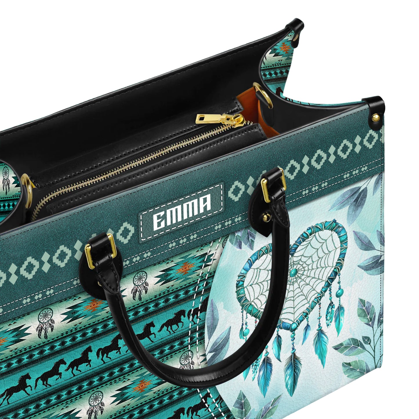 Personalized Leather Handbag for Women - Design Patterns Boho Dreamcatcher Spirit - Teal