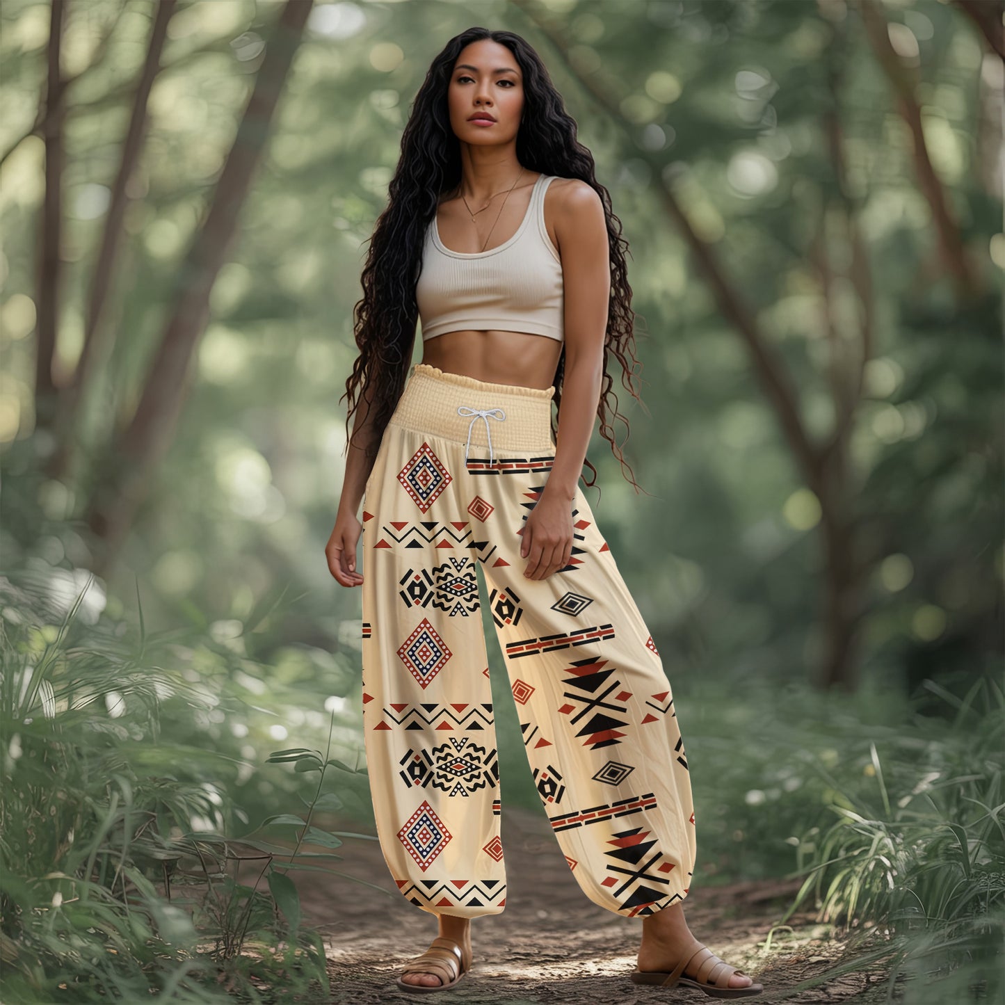 Boho Harem Pants – Beige with Tribal Aztec Print