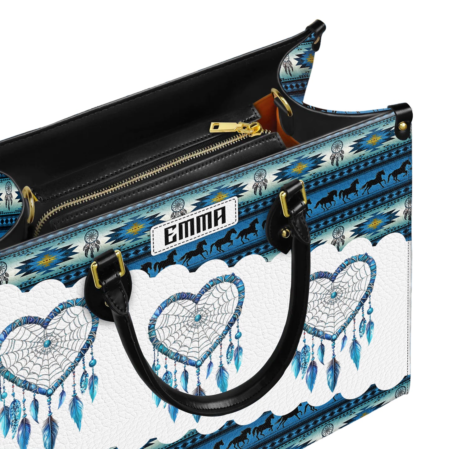 Personalized Leather Handbag for Women - Design Patterns Boho Blue & White Dreamcatcher