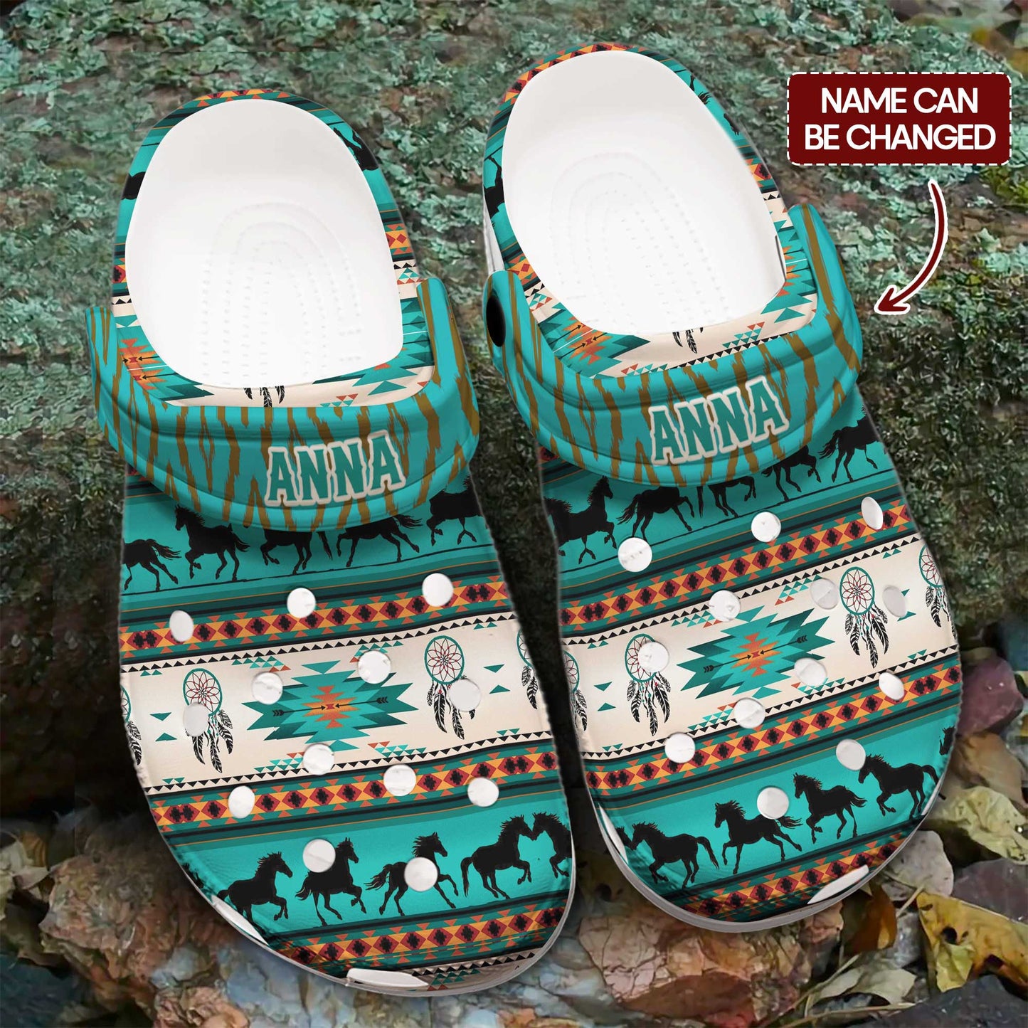 Custom Name Native Horse Pattern Clogs – Dreamcatcher & Tribal Design, Family Gift