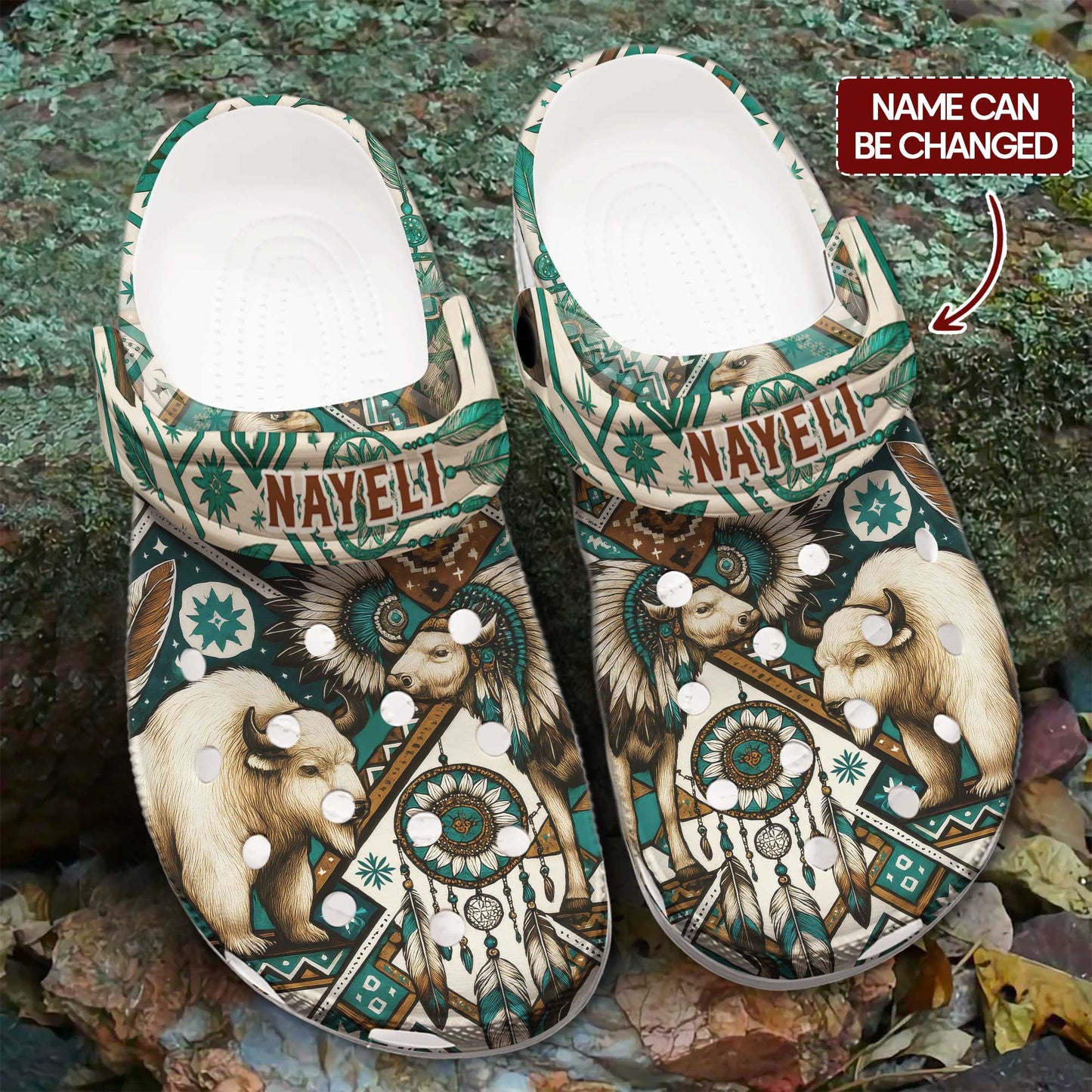 Custom Name Native Buffalo Spirit Clogs – Dreamcatcher & Tribal Feathers Design